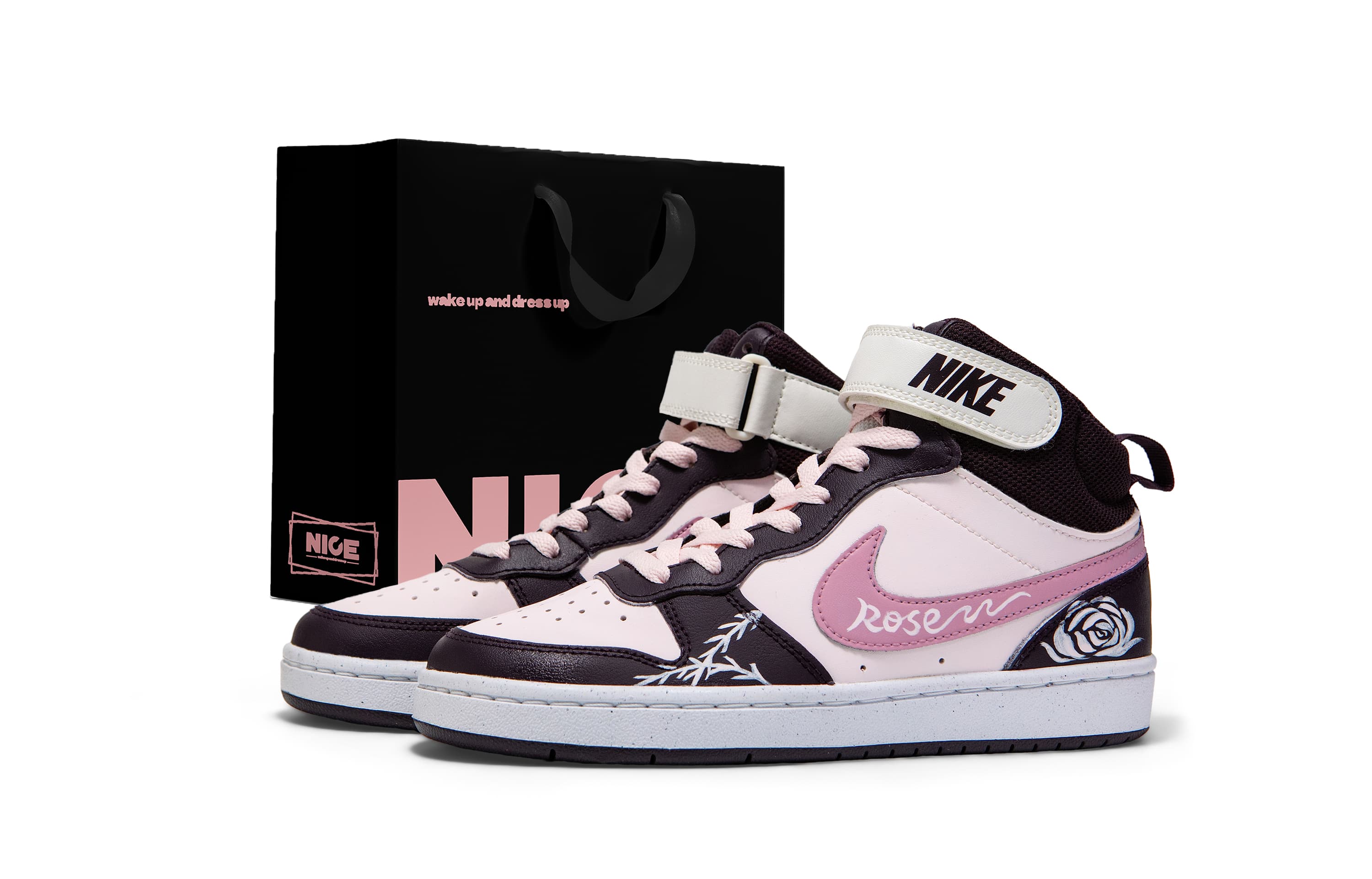 Custom Sneakers Nike Court Borough 2 Leather 'Rose Garden' Gift Bag CNY Year of the Horse Unisex Mid-Top Skate Shoes Women's Pink