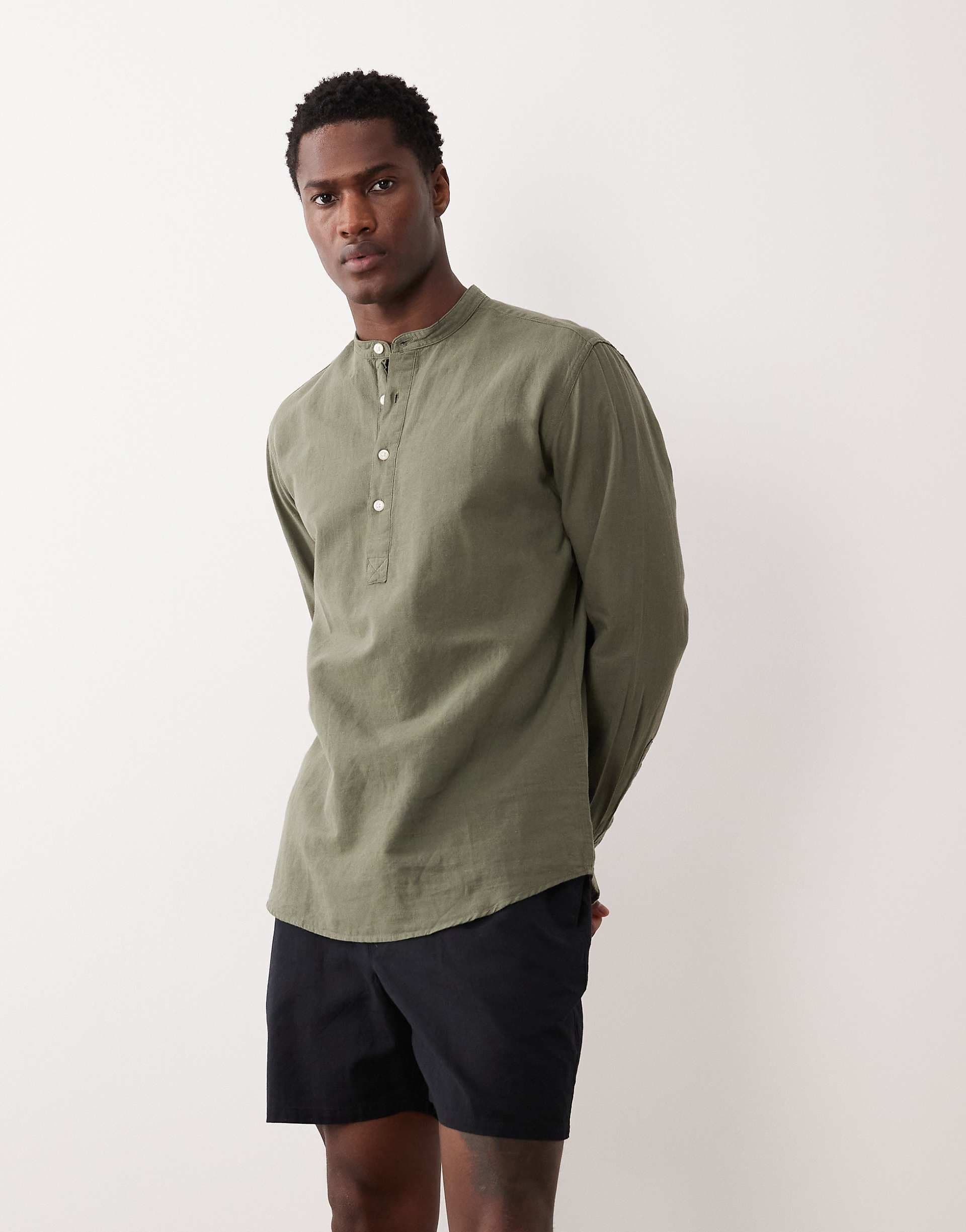 Jack & Jones linen blend overhead shirt in khaki