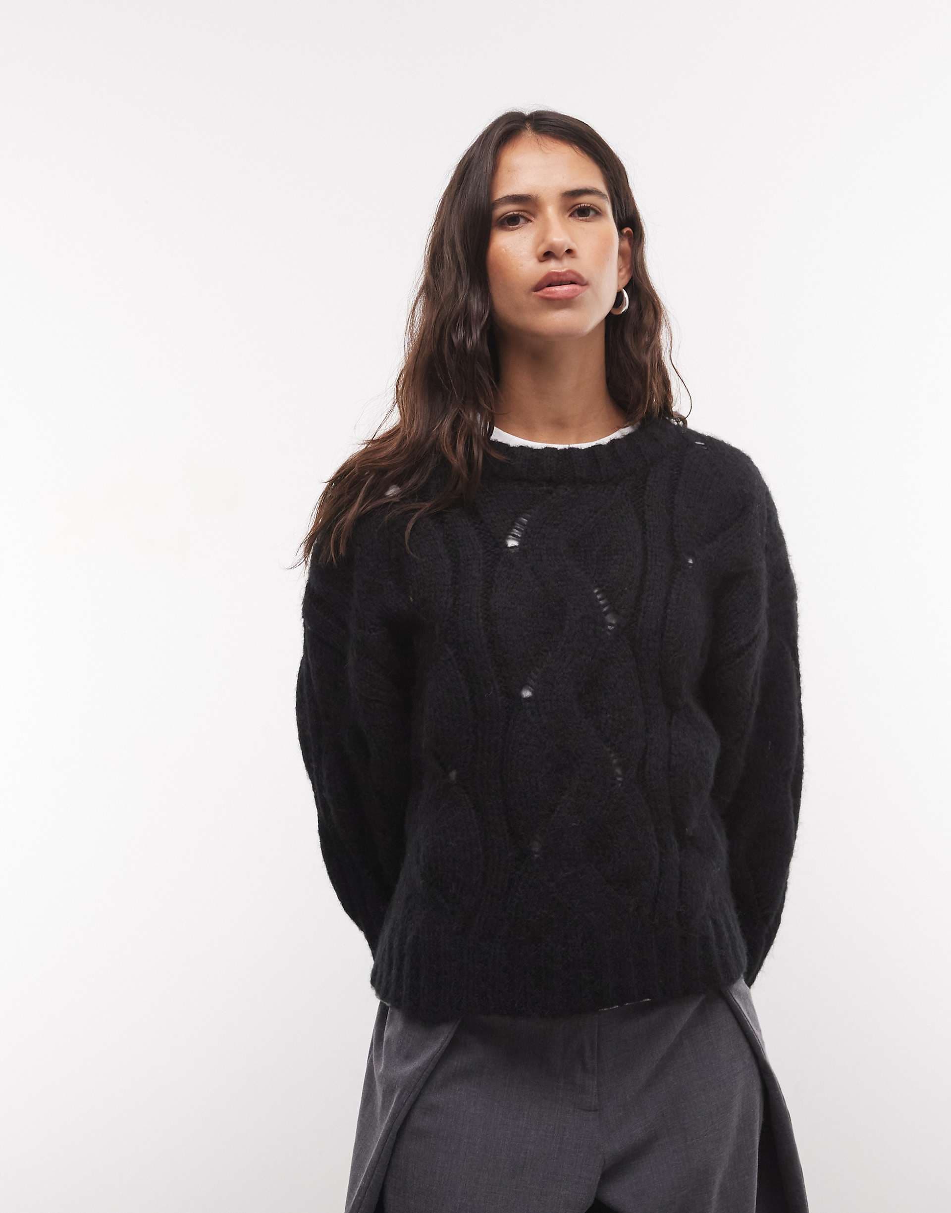 Monki boxy cable knit sweater in black