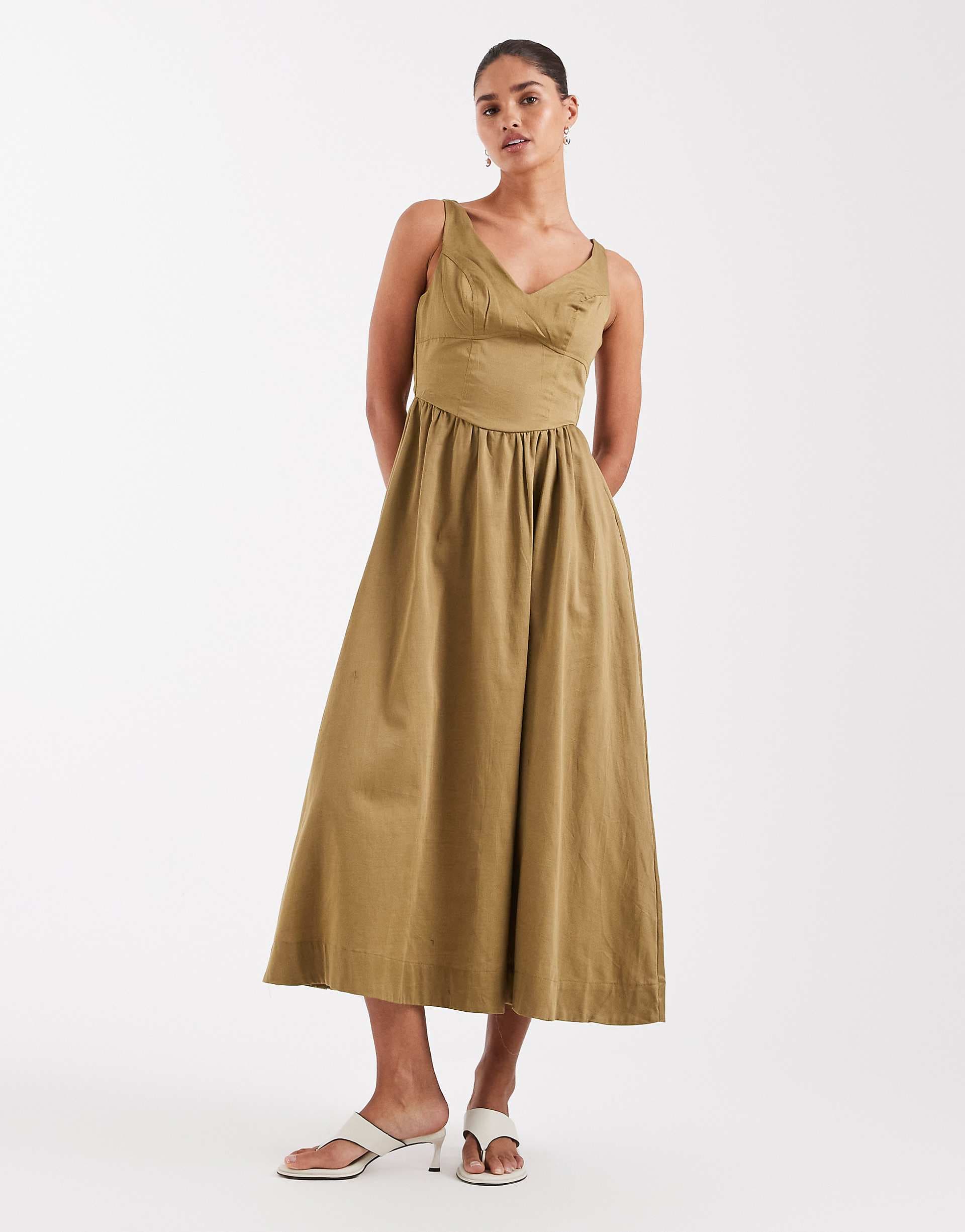 ASOS DESIGN waisted V-neck maxi dress with seaming details in olive