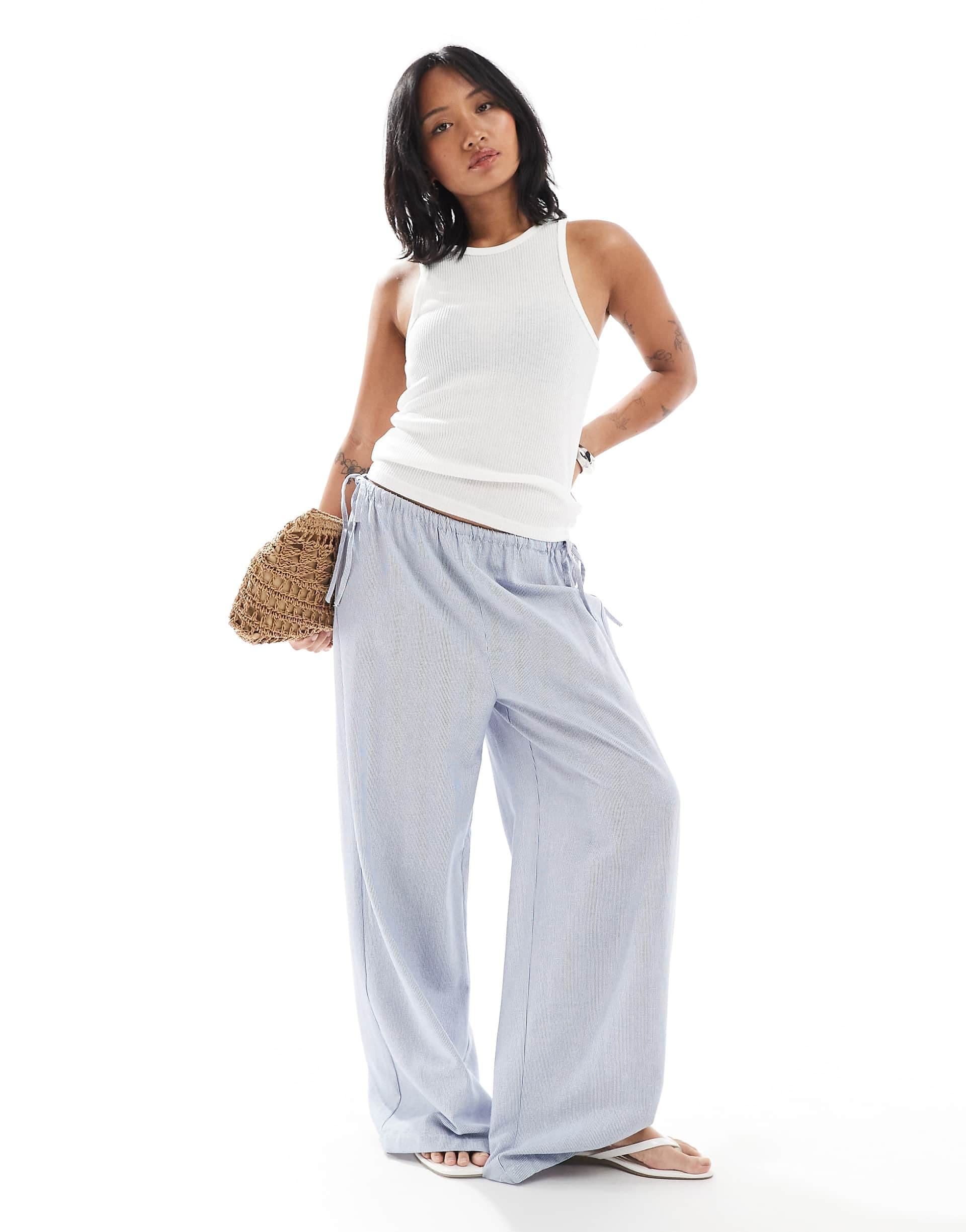 ONLY Petite wide leg tie detail pants in blue stripes