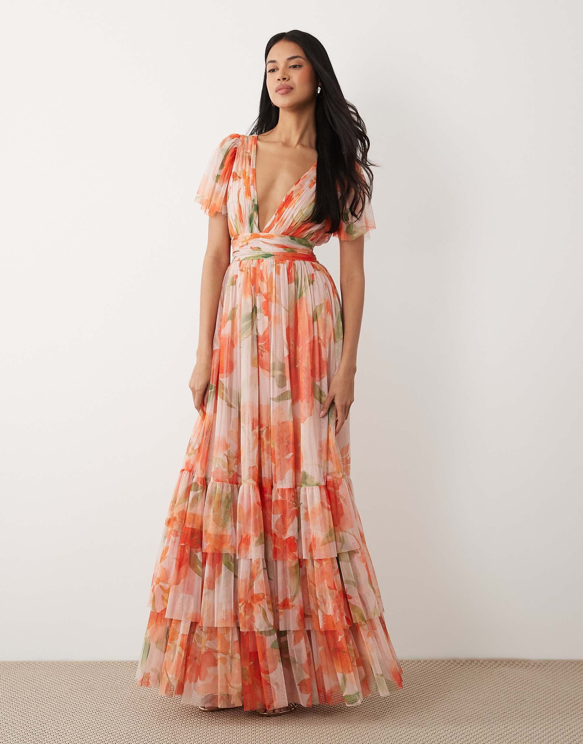 Lace & Beads Madison tulle flutter sleeve deep v maxi dress in orange floral print
