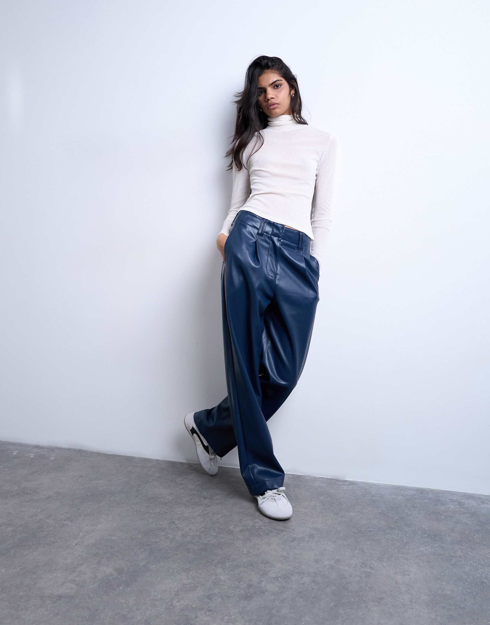Topshop faux leather high rise pleated straight leg pants in navy
