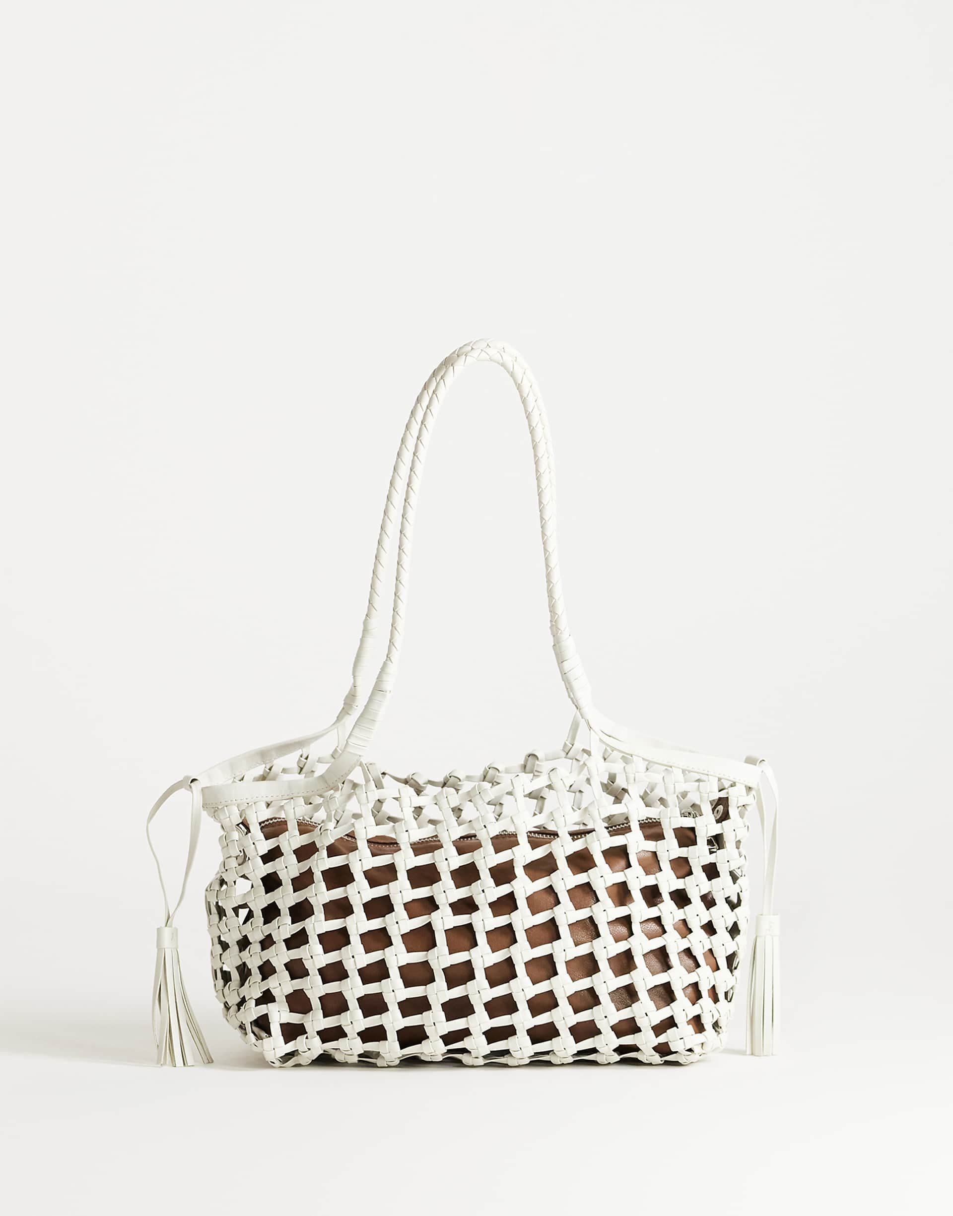 Topshop Shia medium woven shoulder bag in off white