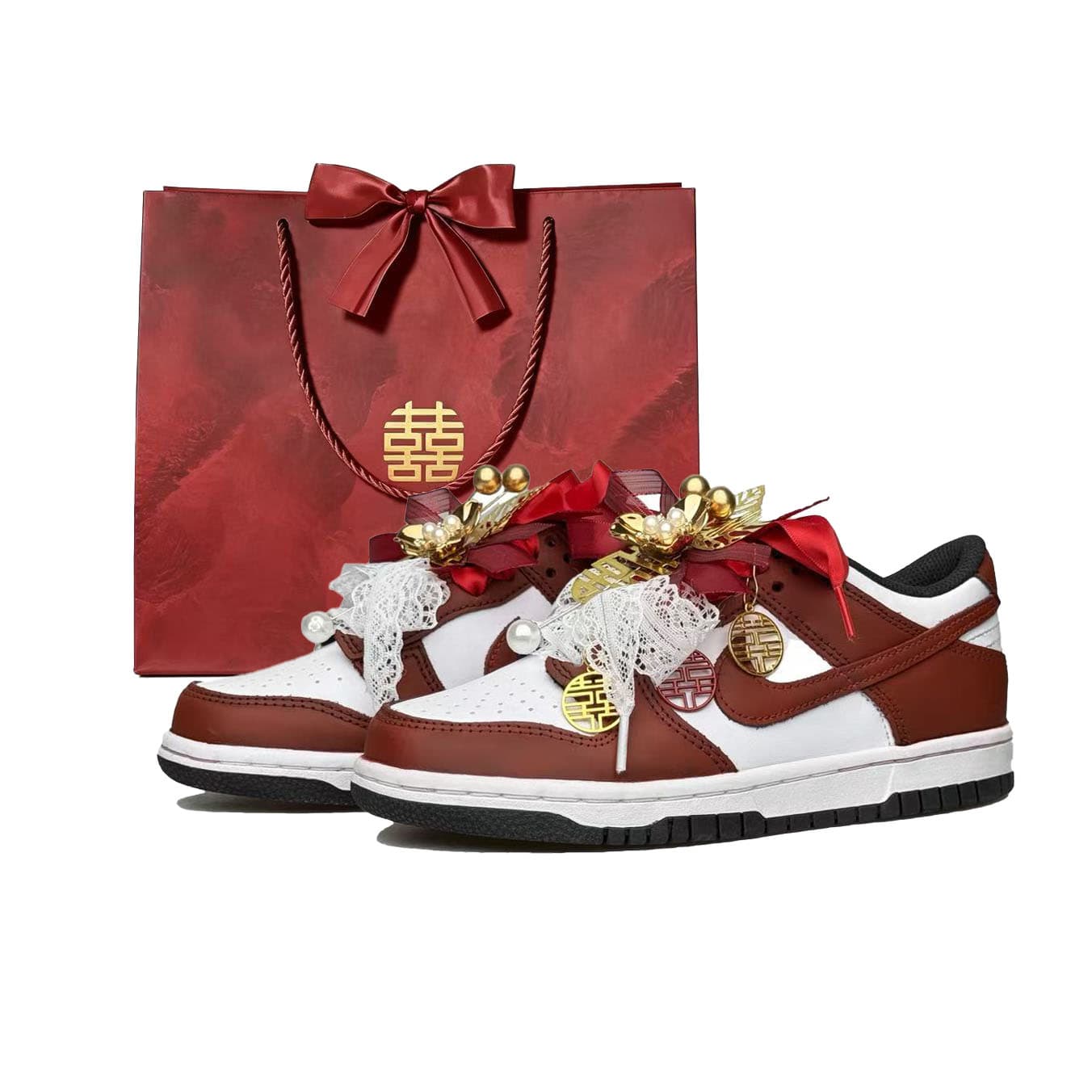 Nike Dunk Couple 3.0 Gift Bag PU Wedding Shoes Engagement Marriage Traditional Chinese Wedding Dress New Chinese Style Romantic Lace GS Anti-Slip Wear-Resistant Balance Low-Top Skate Shoes Unisex Wine Red