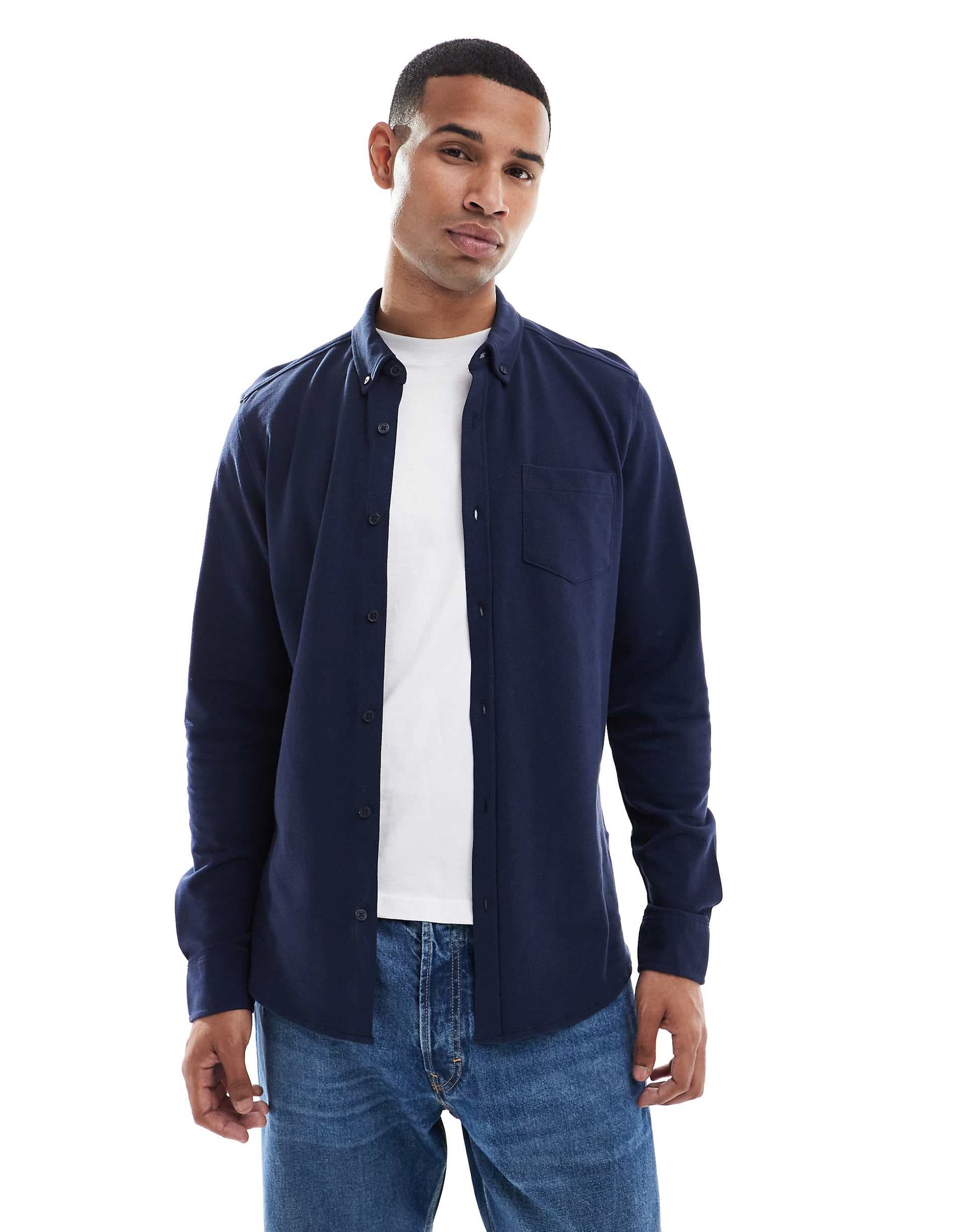 Threadbare cotton mix long sleeve pique shirt in navy