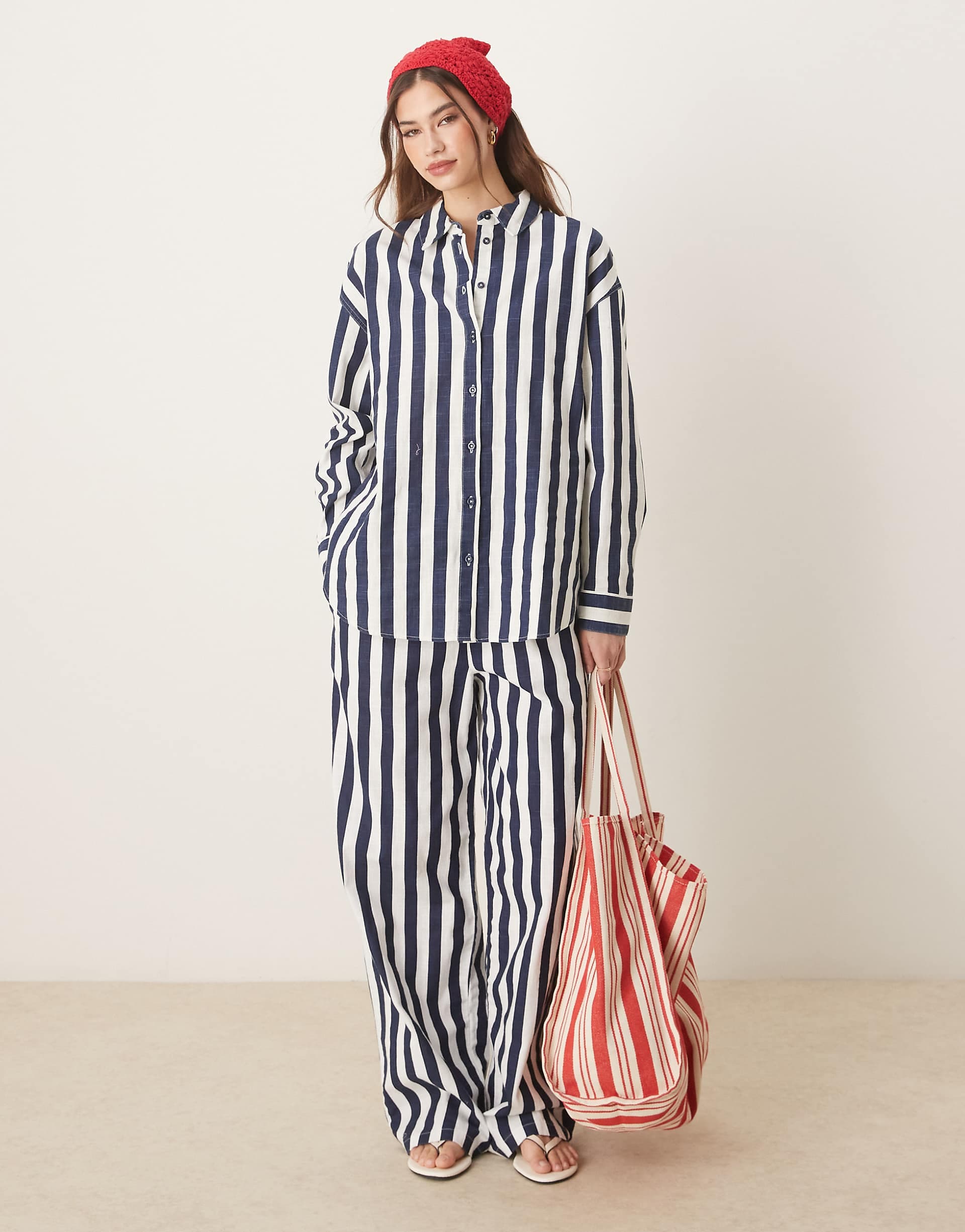 ASOS DESIGN linen look pull on pants in navy stripe - part of a set