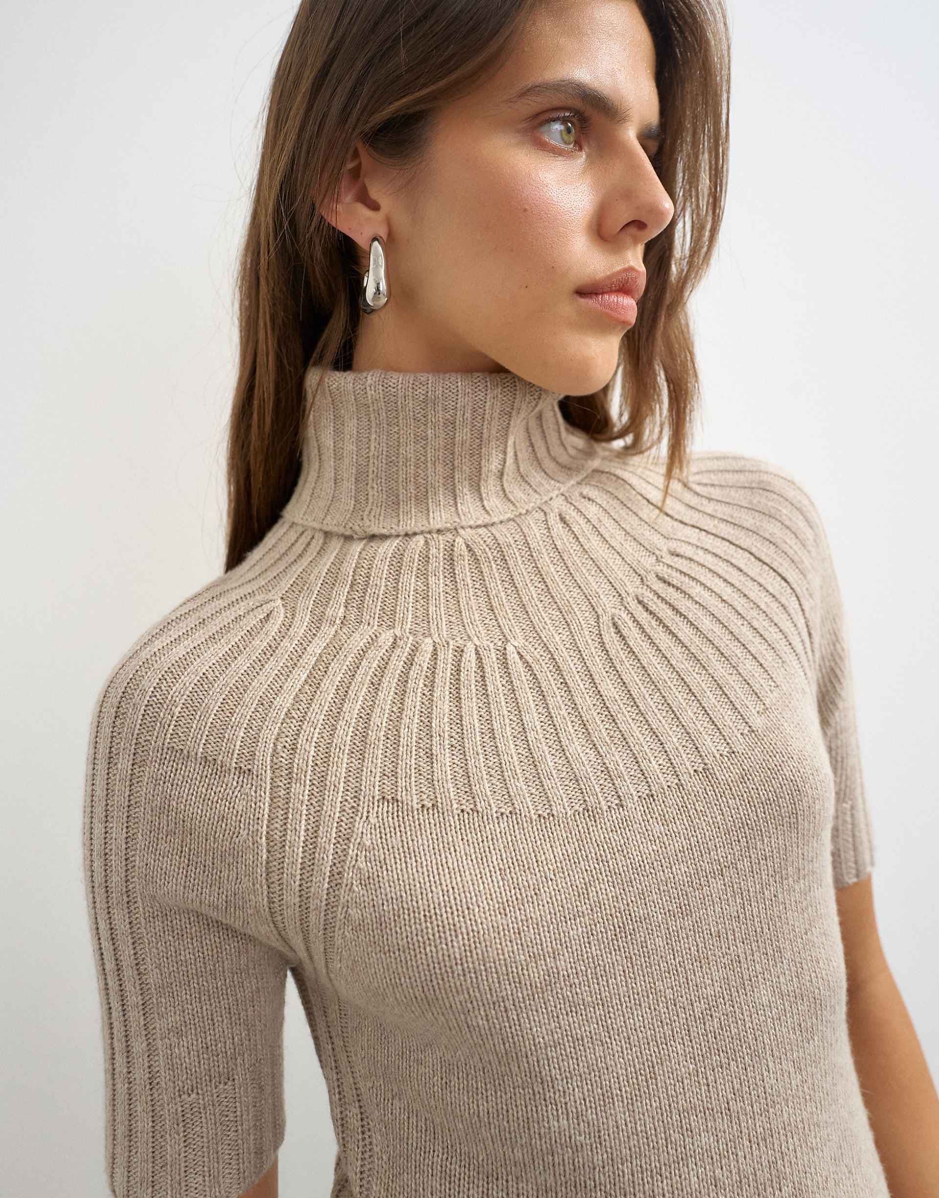 Topshop knit ribbed yoke funnel neck top in oat