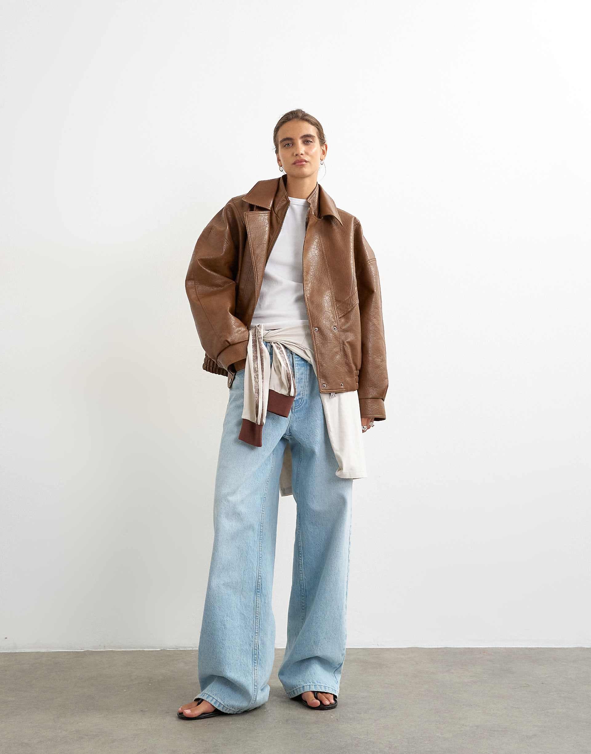 Topshop faux leather seam detail bomber jacket in tan