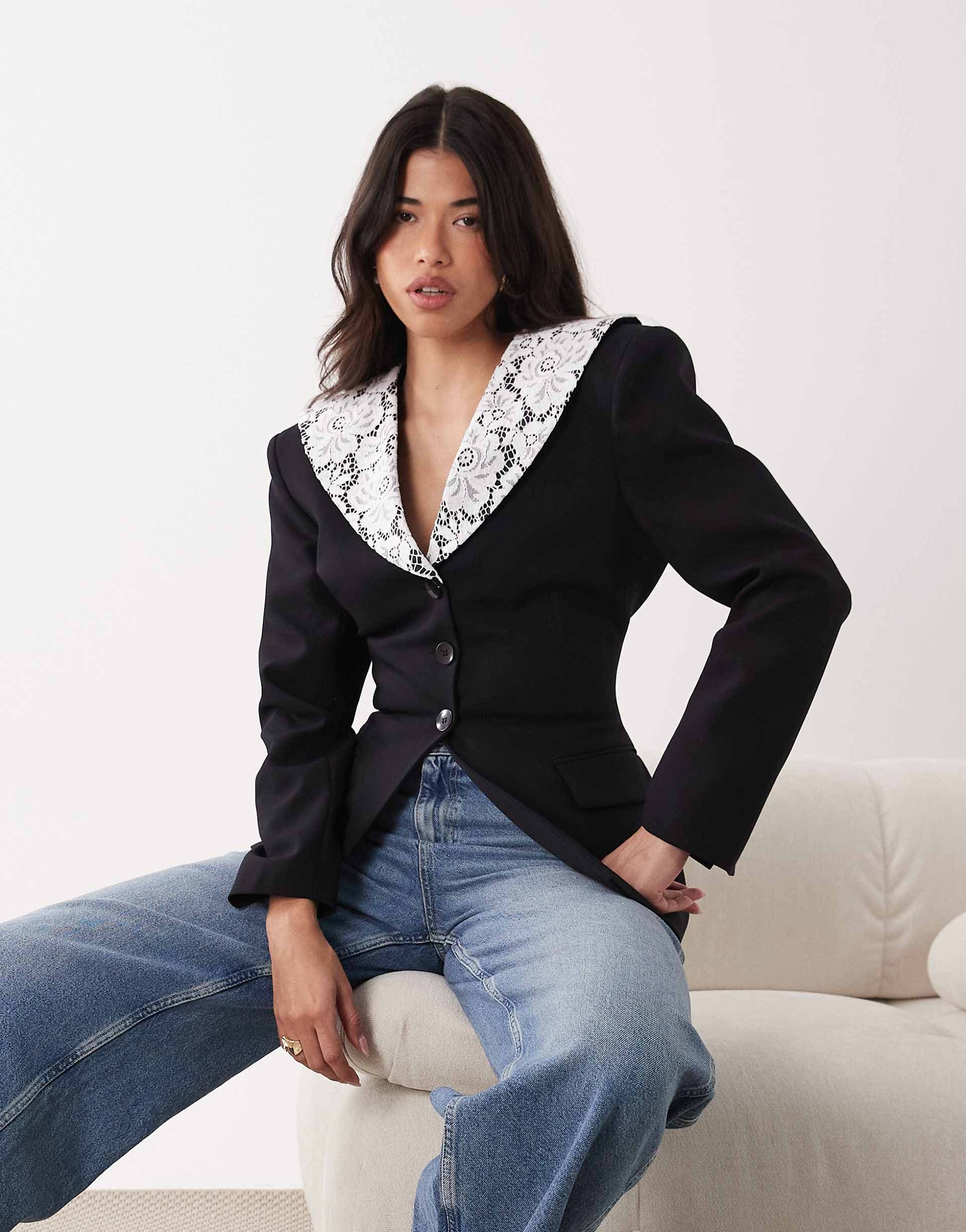 ASOS DESIGN cinched blazer with lace collar in black