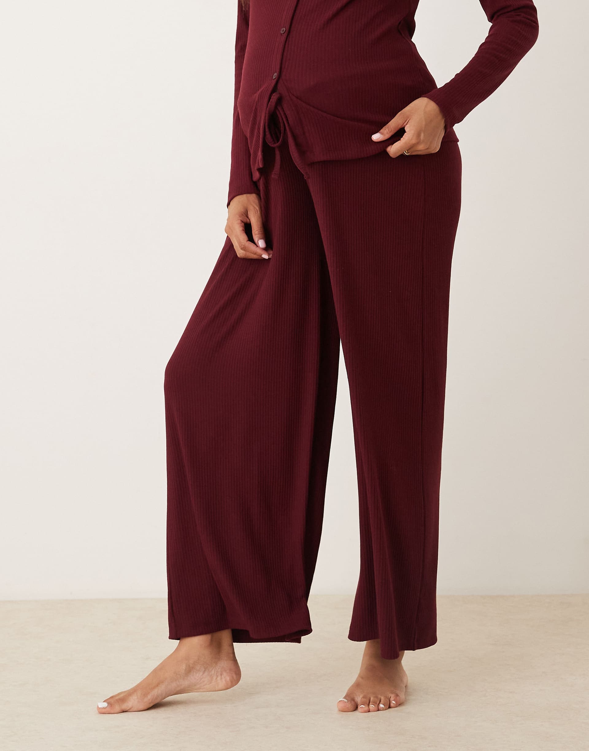 ASOS DESIGN Maternity lounge mix & match ribbed wide leg pants in burgundy