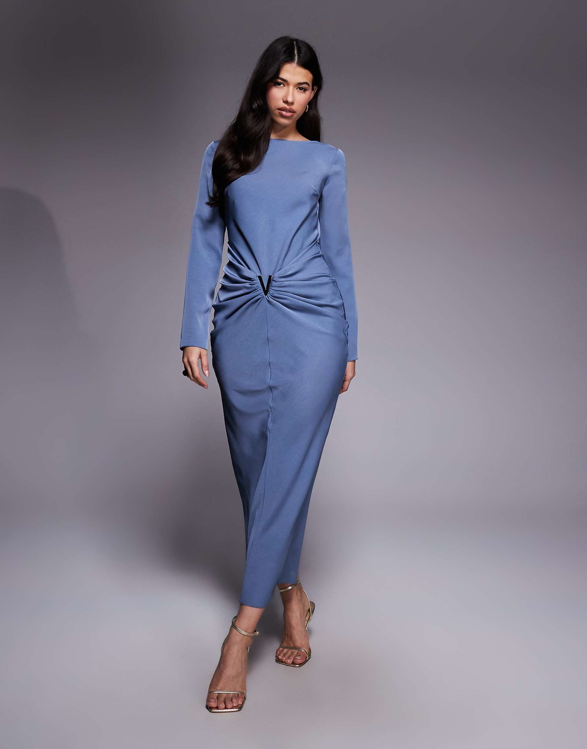 ASOS DESIGN draped skirt maxi dress with gold-tone trim detail in blue