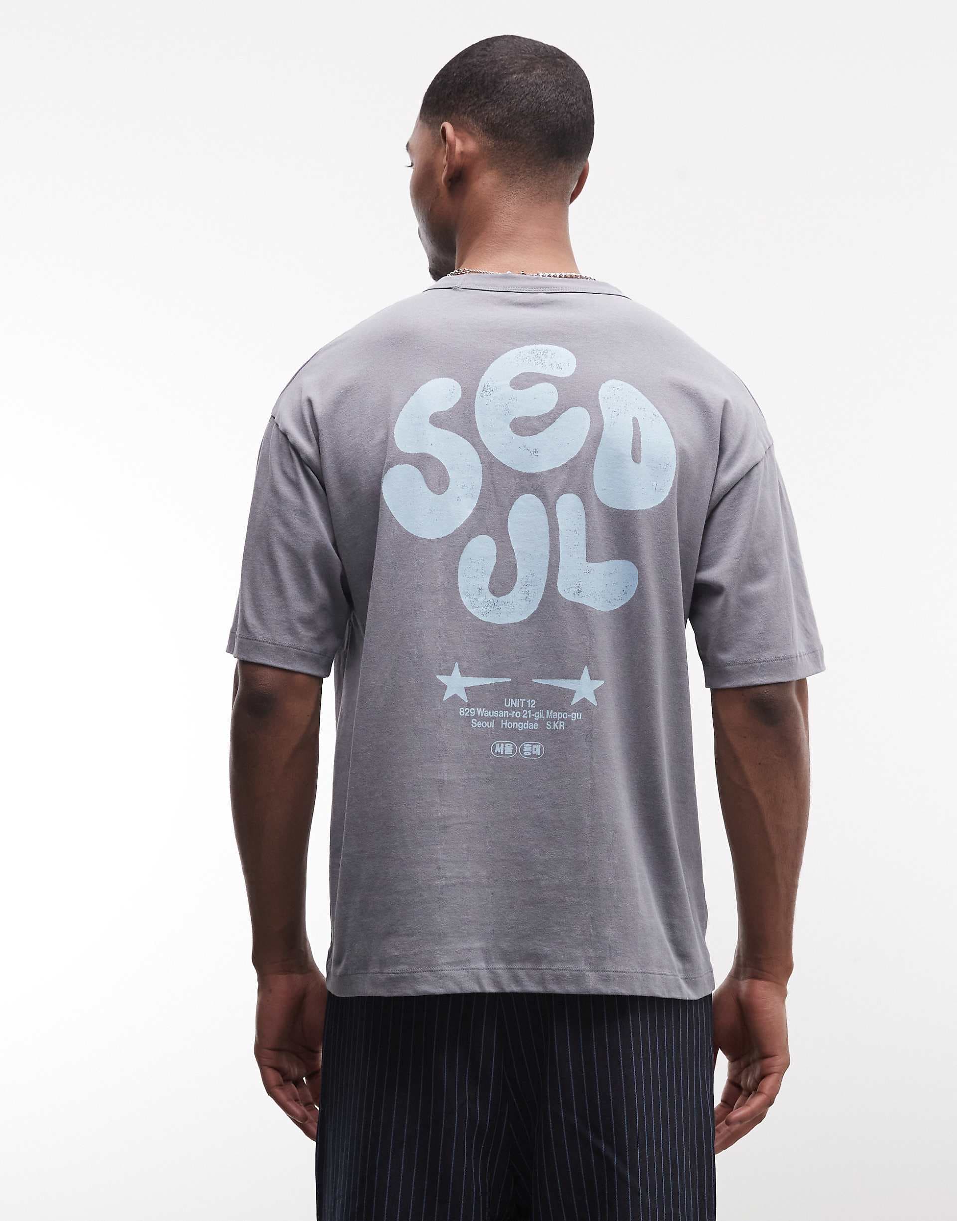 ASOS DESIGN heavyweight oversized t-shirt with Seoul graphic in washed gray