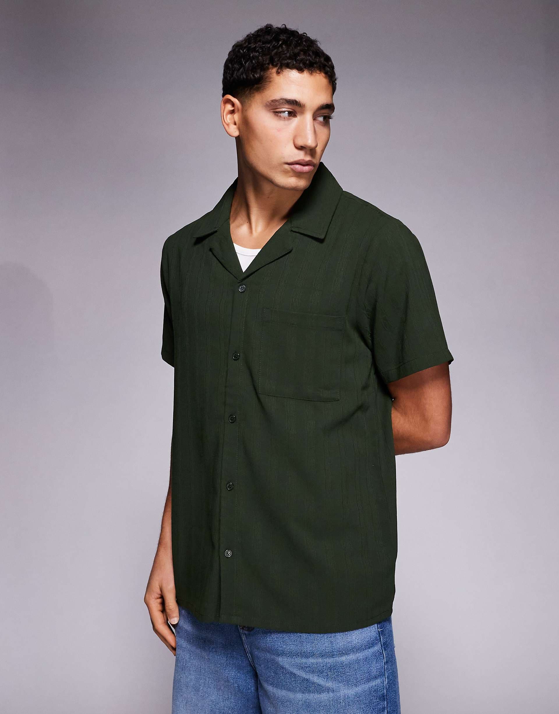 South Beach textured camp collar shirt in khaki green
