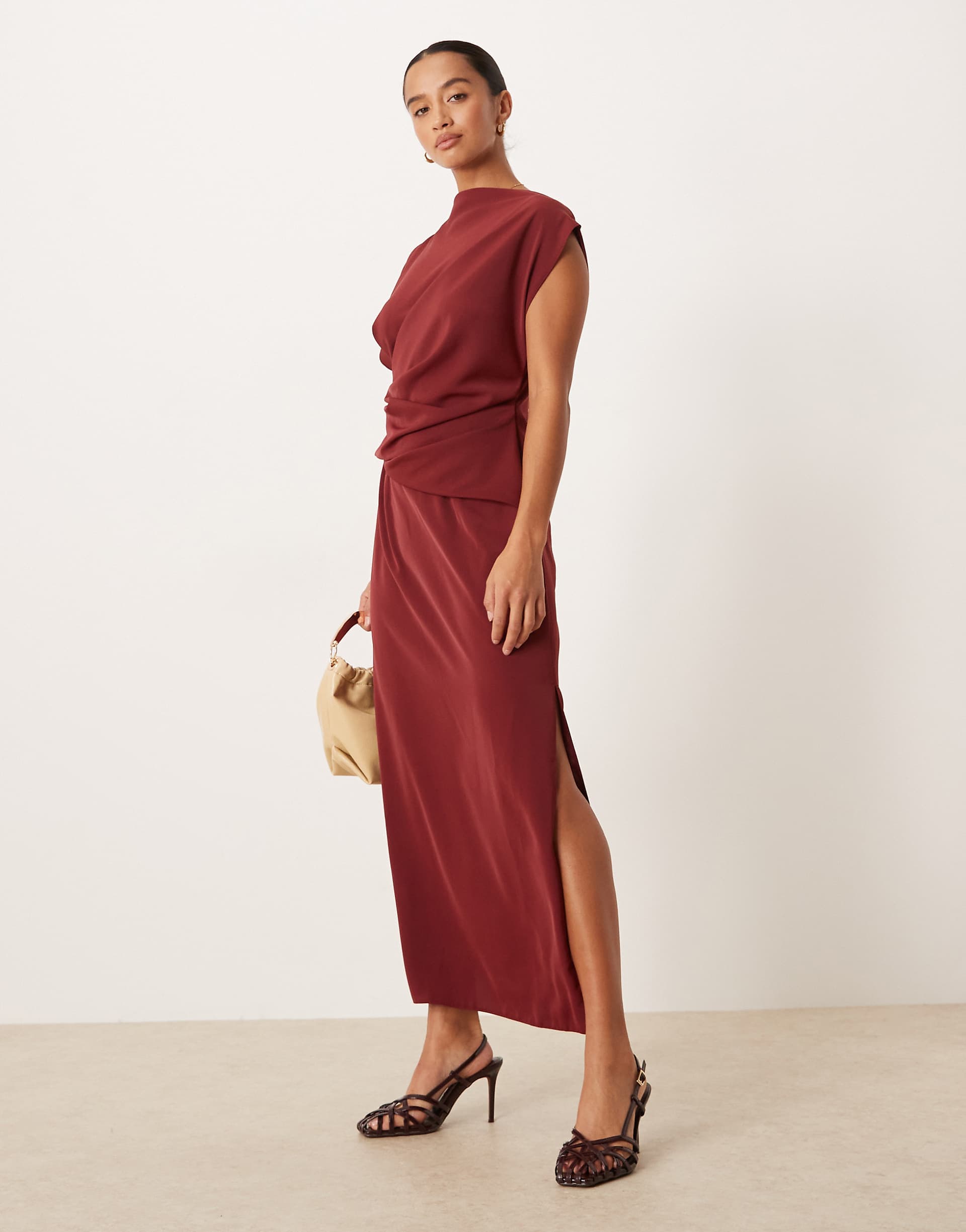 ASOS DESIGN Petite high neck drapey pleated midi dress in burgundy