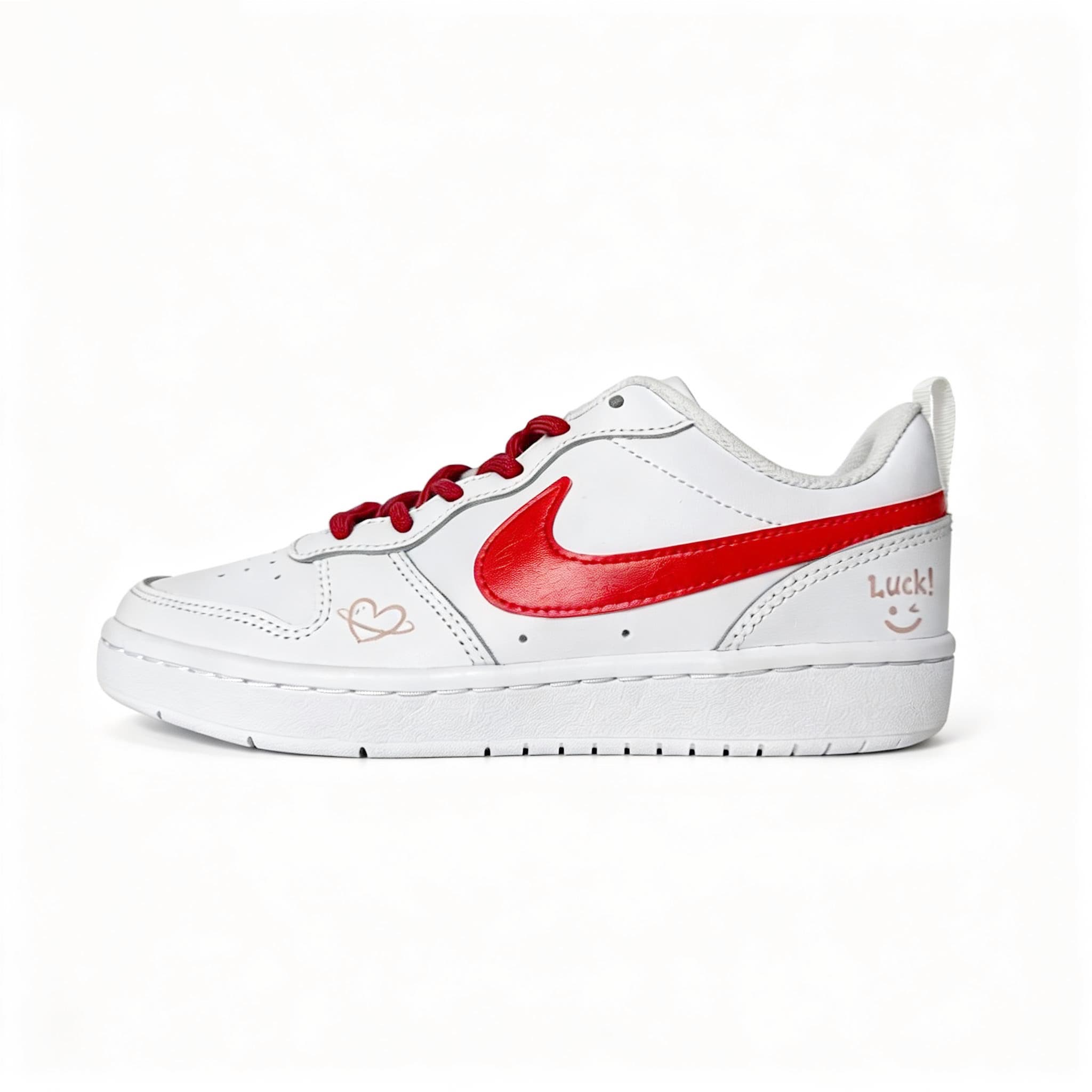 Custom Sneakers Nike Lucky Planet Leather Romantic Energetic Heartfelt Fresh Dopamine Sweet Girl Fashion Versatile Cute Adorable Cushioned Wear-Resistant Slip-Resistant Low-Top Skate Shoes Unisex Red White