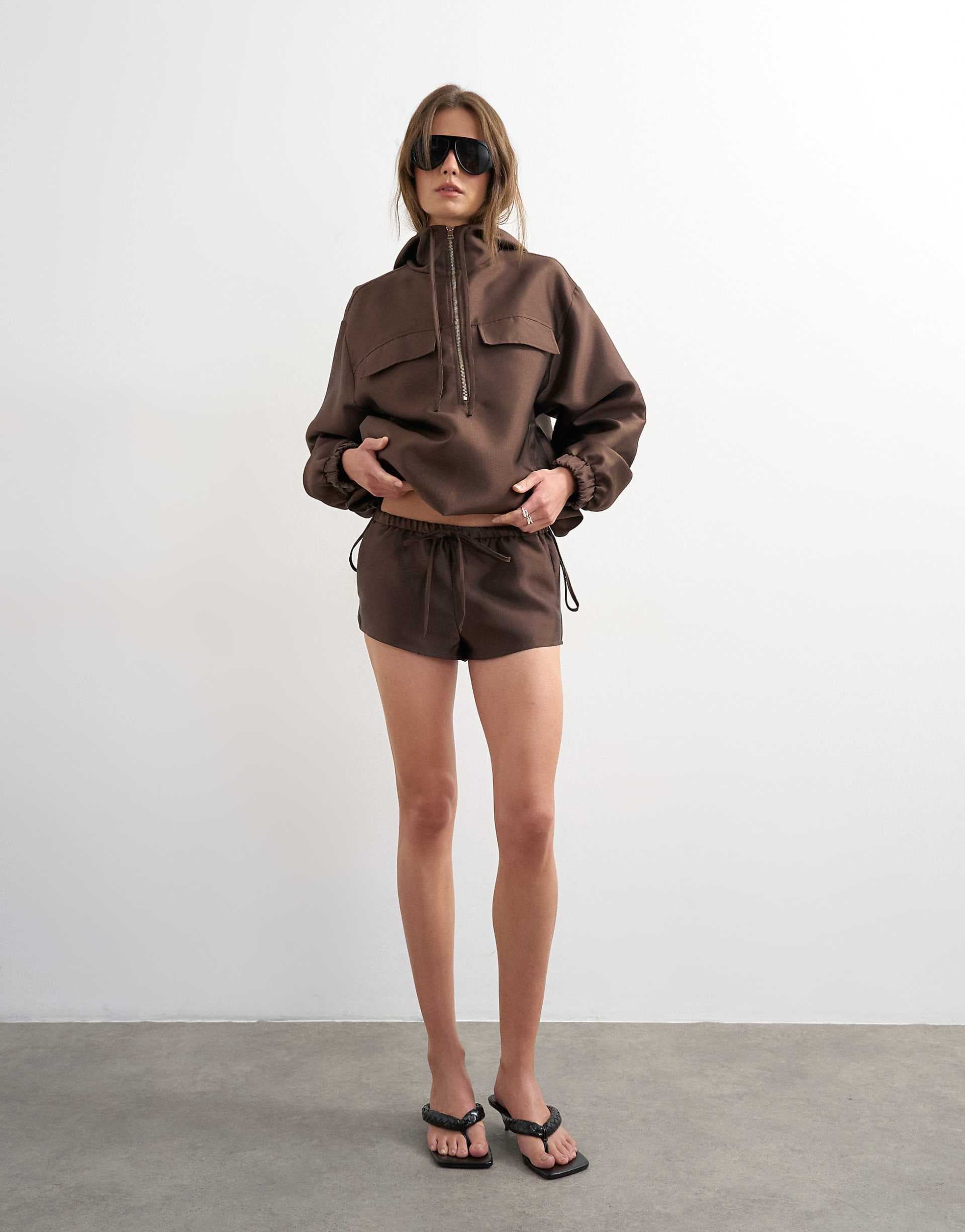 Topshop satin twill runner shorts in brown - part of a set