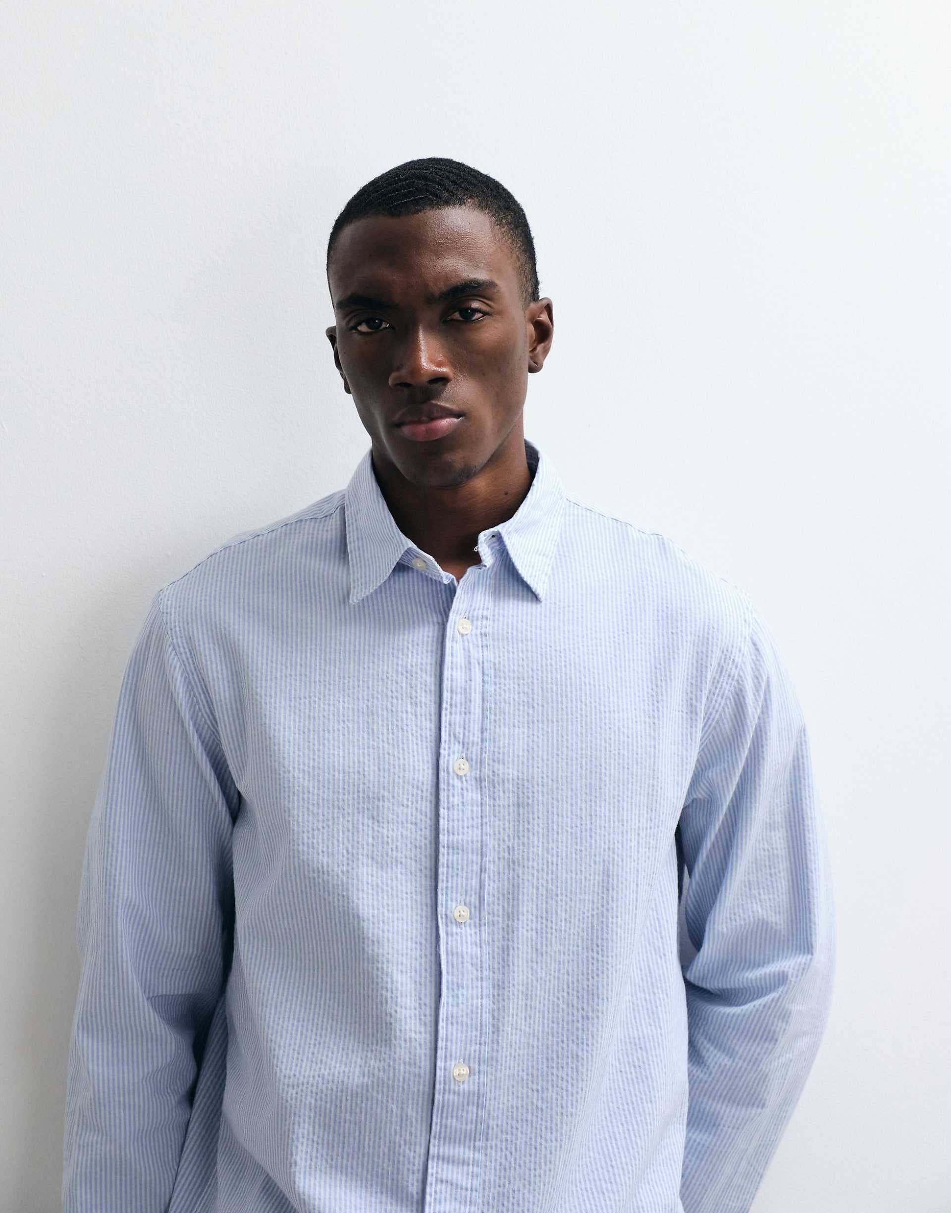 Jack & Jones Premium seersucker striped shirt in light blue