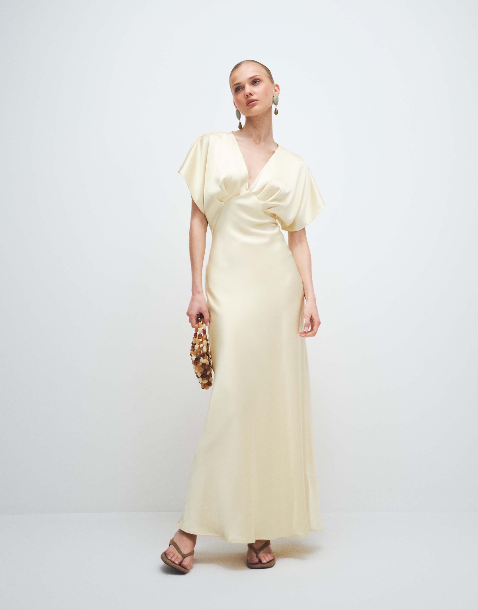 Gina Tricot batwing sleeve plunge neck satin maxi dress in butter yellow