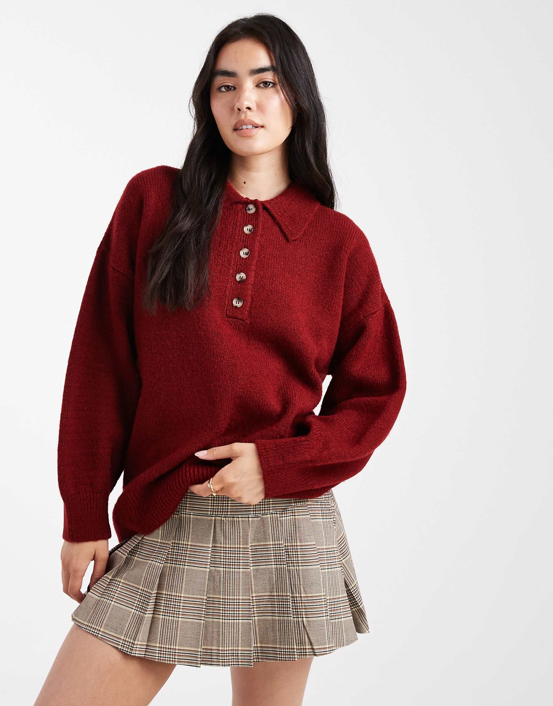 ASOS DESIGN knit compact rugby shirt in burgundy