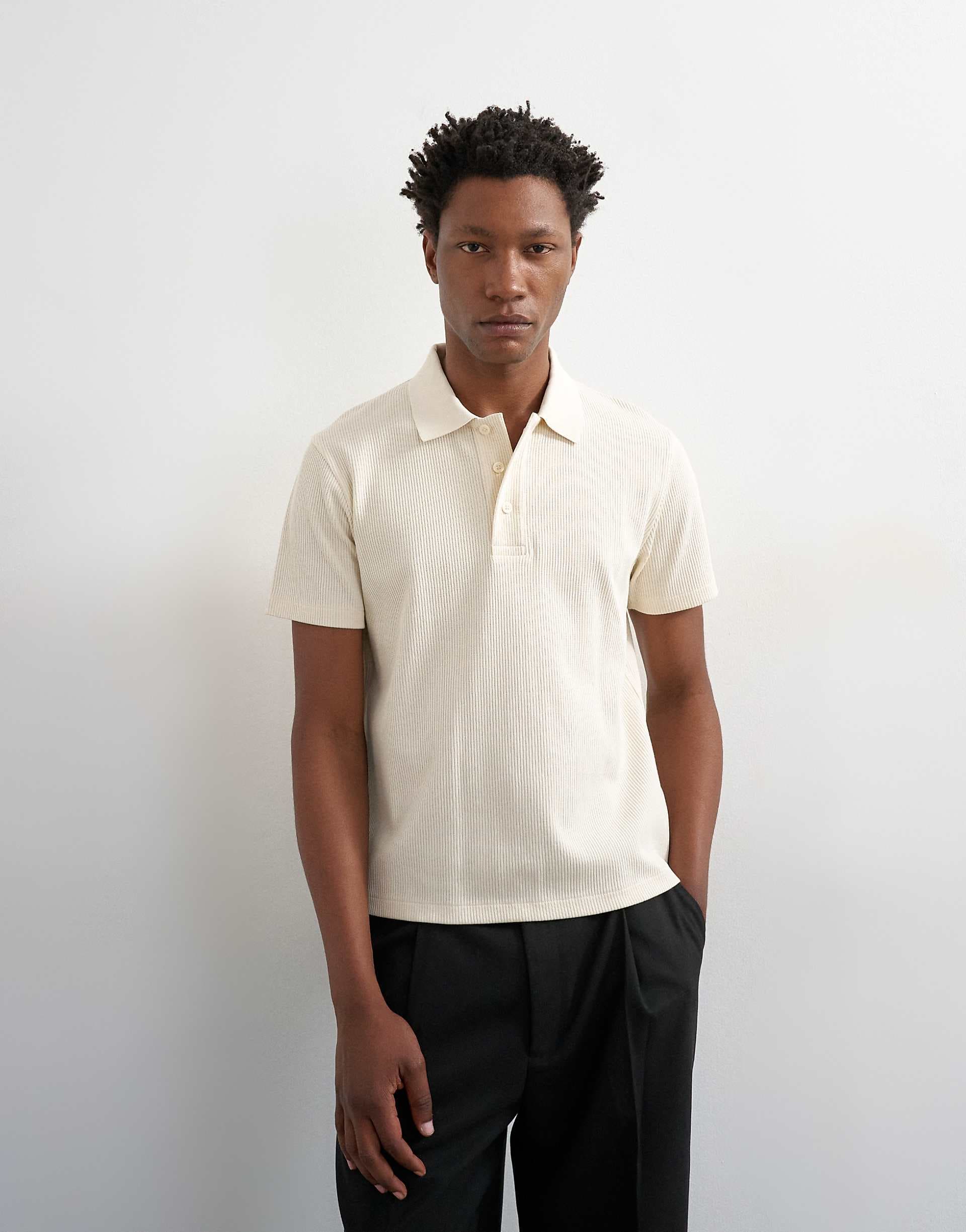 Topman cropped fit ribbed polo shirt in cream