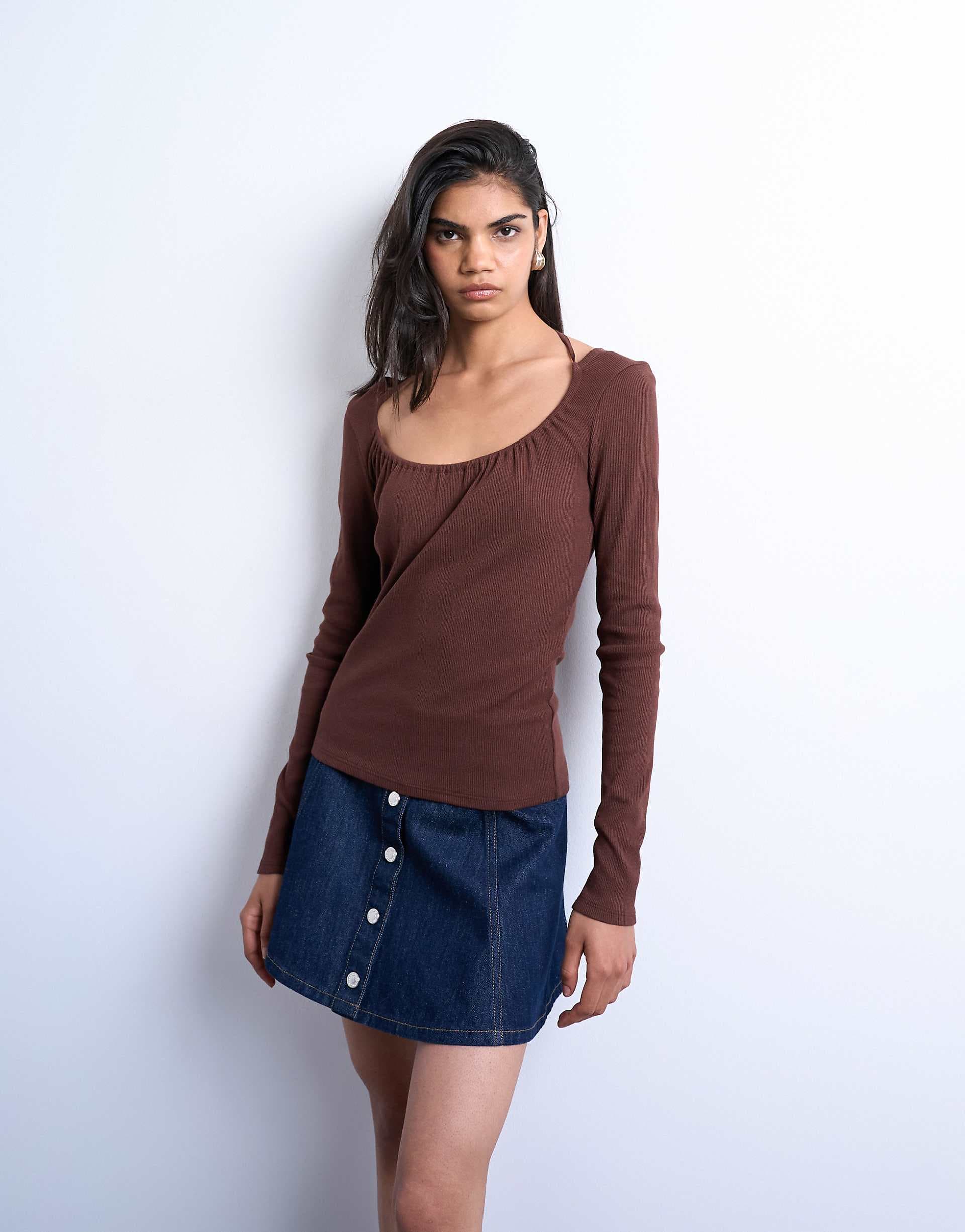 Topshop ribbed scoop tie neck long sleeve top in chocolate brown