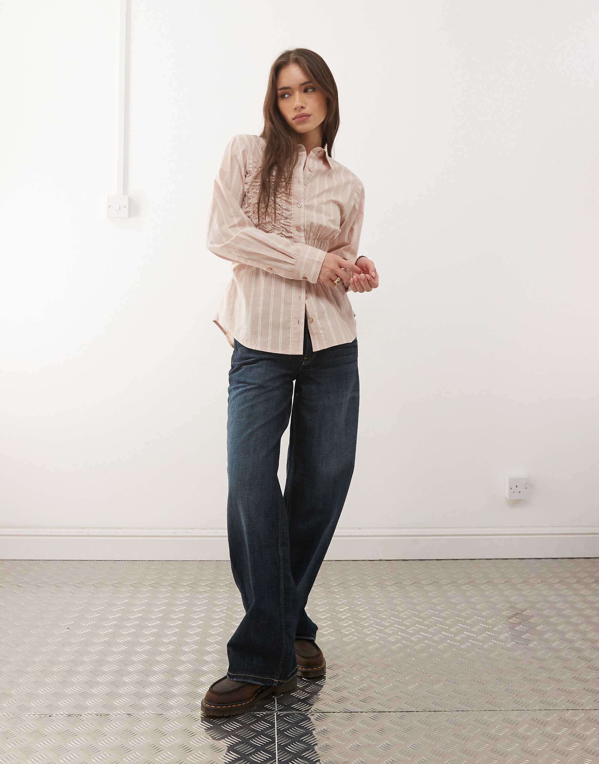 COLLUSION shirred long sleeve shirt in neutral stripes