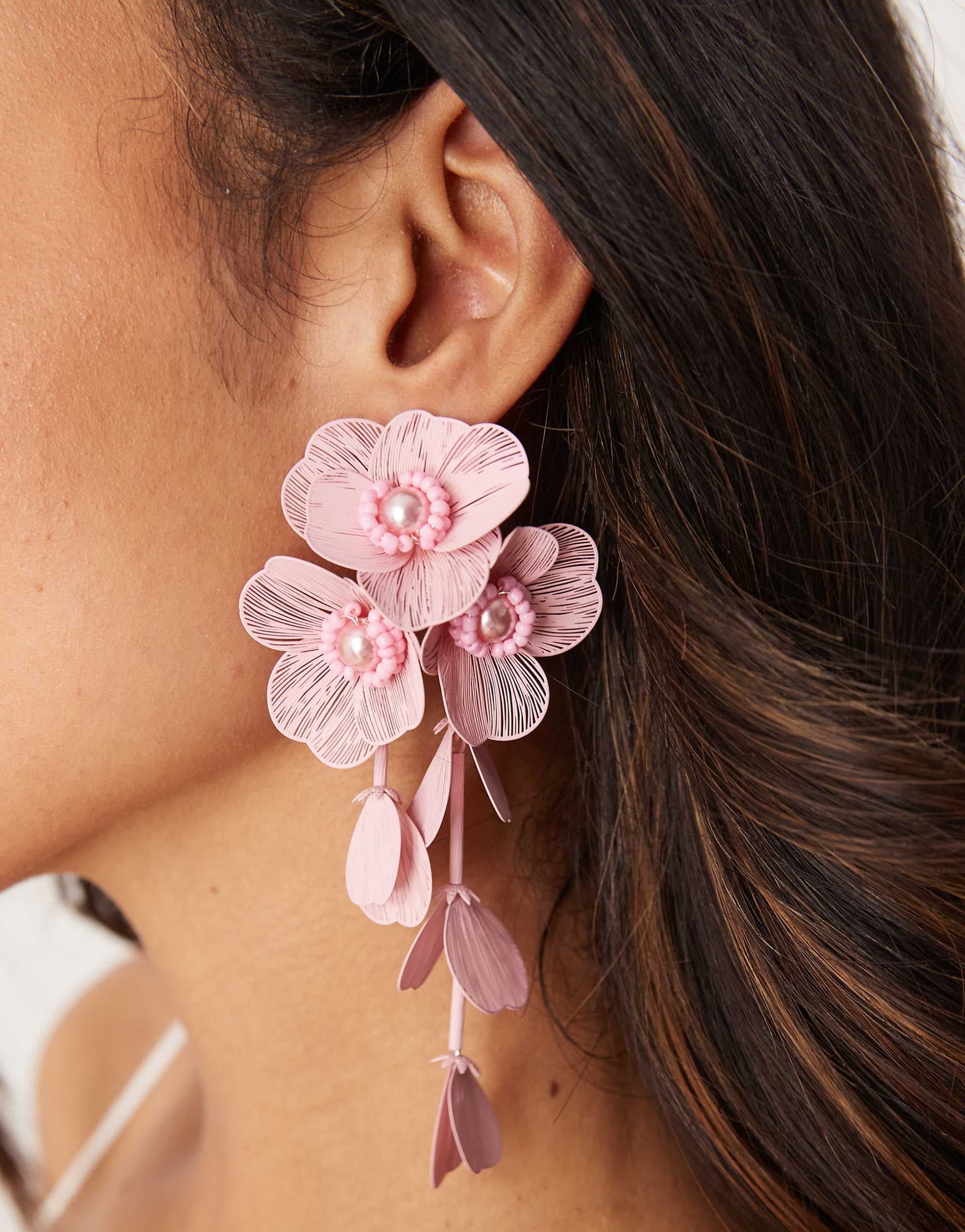 ASOS DESIGN drop earrings with 3D floral design in light pink