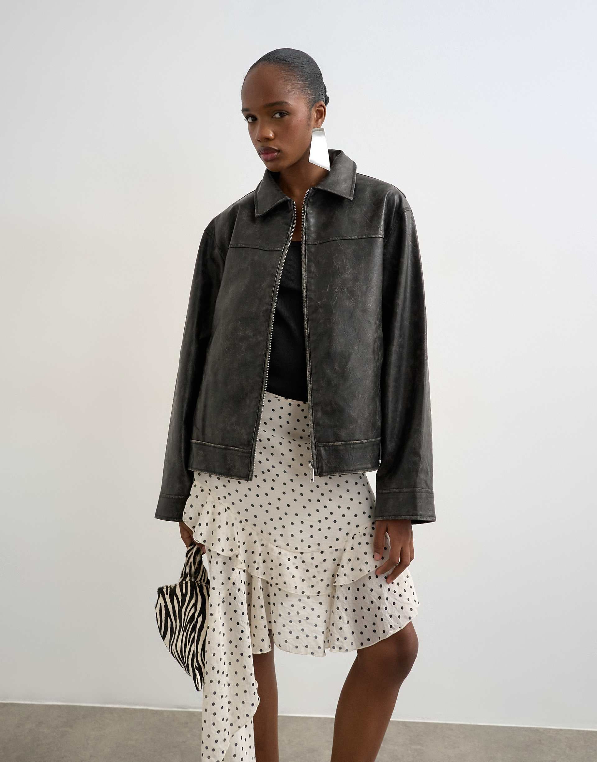 Topshop PU zip up jacket in washed black