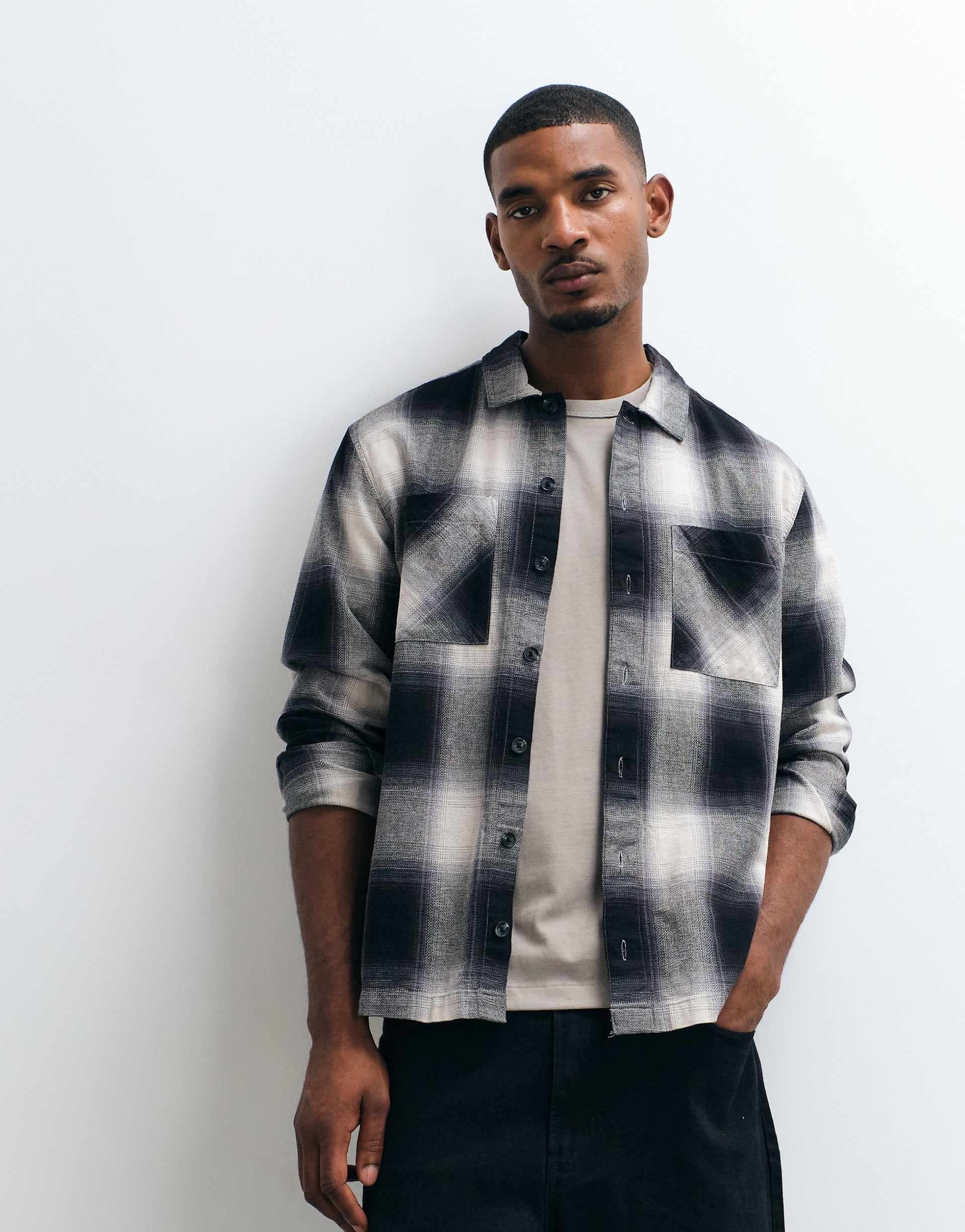 ASOS DESIGN plaid overshirt with double chest pockets in black