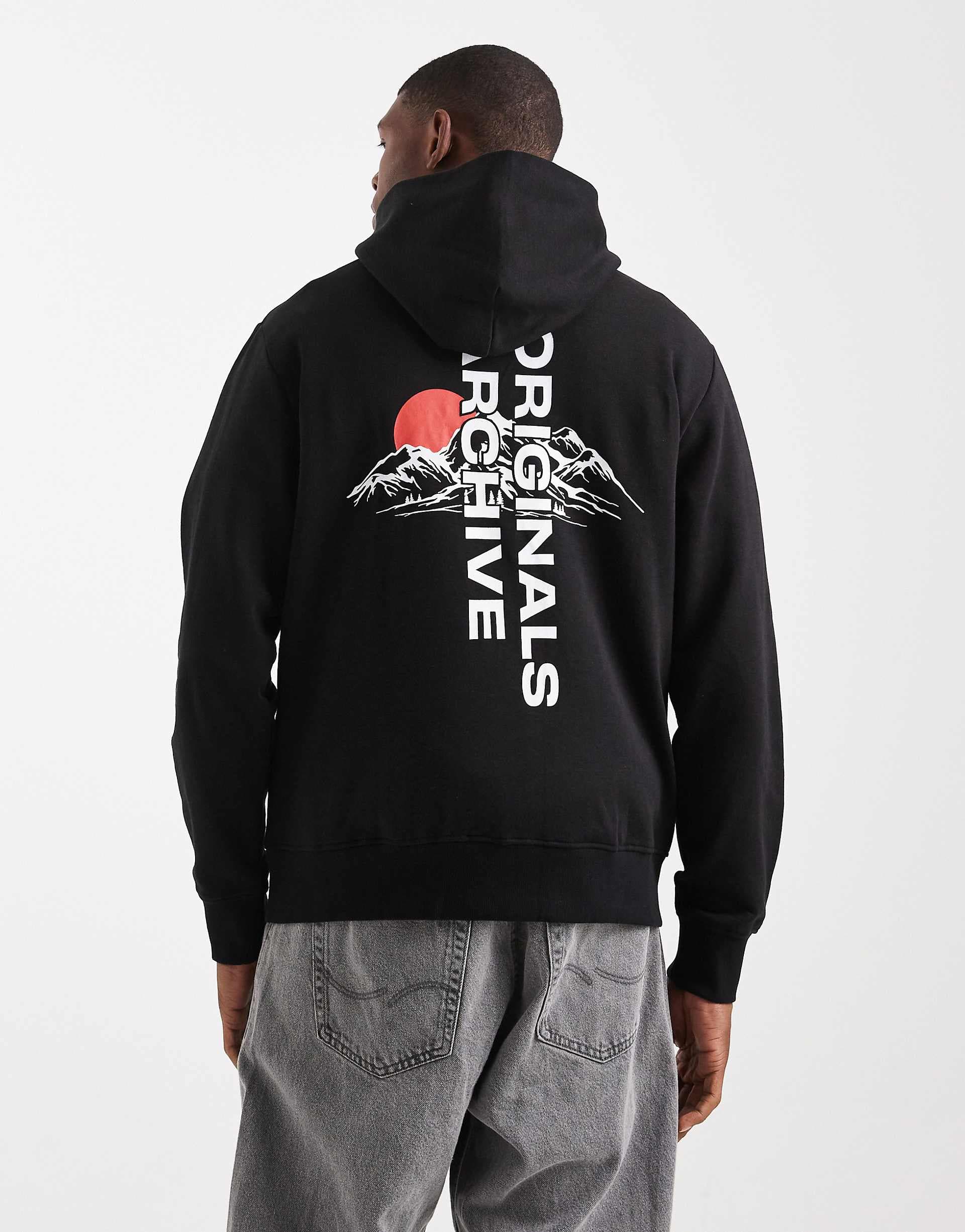 Jack & Jones hoodie with mountain back graphic in black