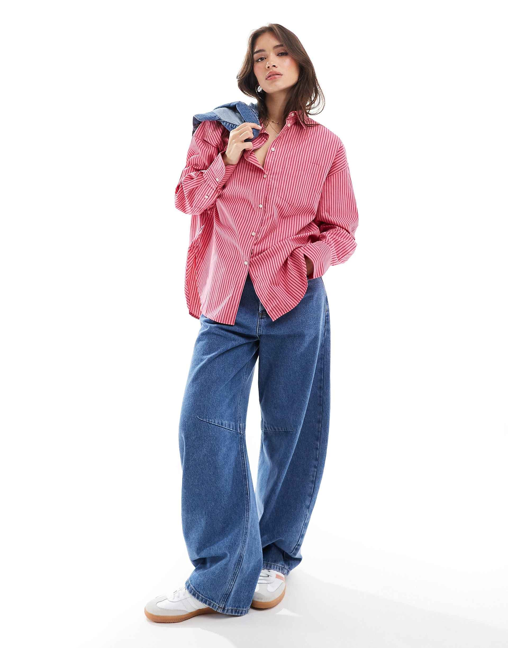 JJXX Jamie oversized poplin shirt in pink stripes