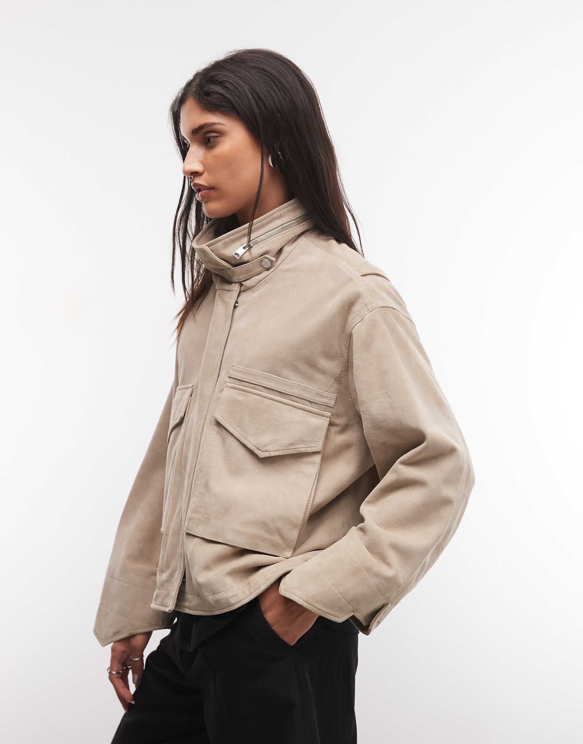 AllSaints Clay suede leather funnel neck jacket with pocket detailing in beige