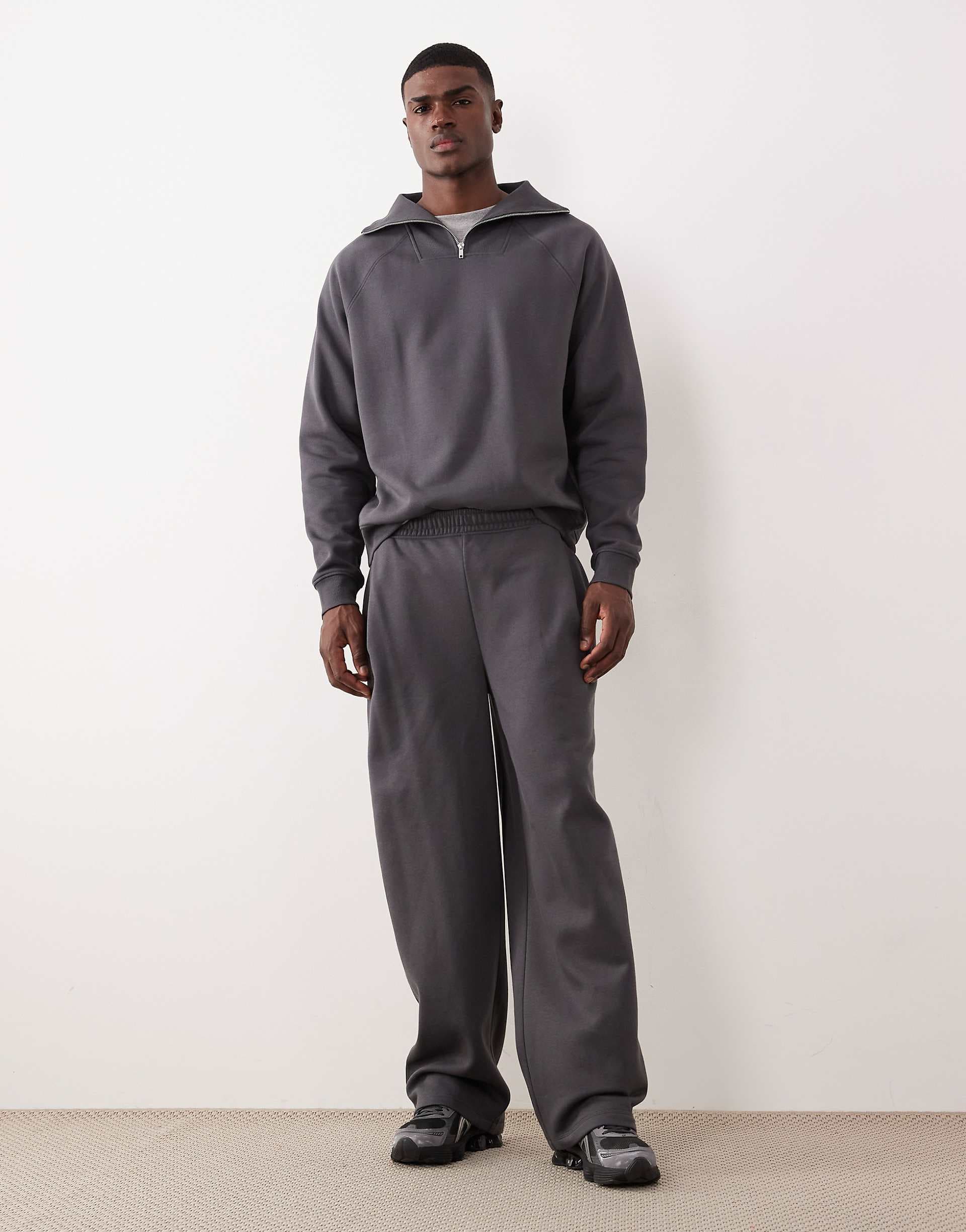 ASOS DESIGN wide leg sweatpants with pleats in dark gray