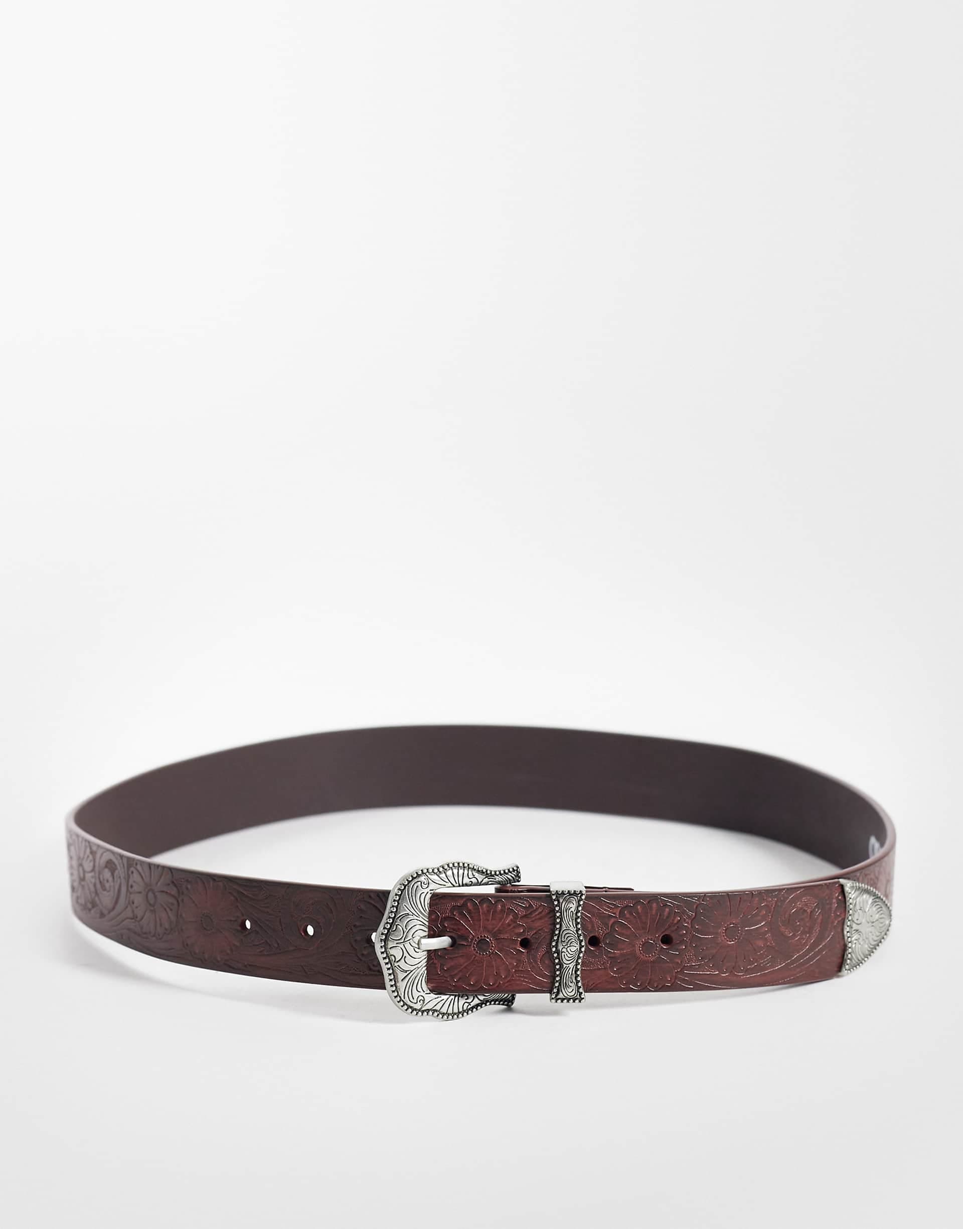 ASOS DESIGN western embossed pattern belt with engraved silver-tone buckle in dark brown