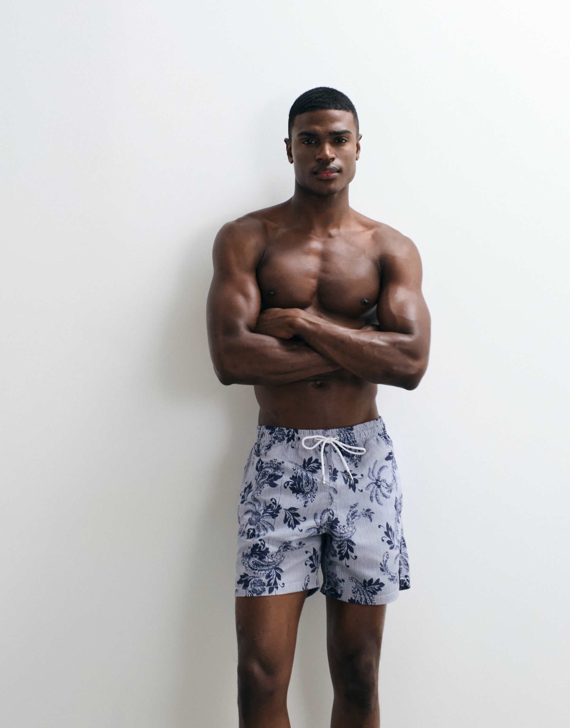 Mango floral print striped swim shorts in navy