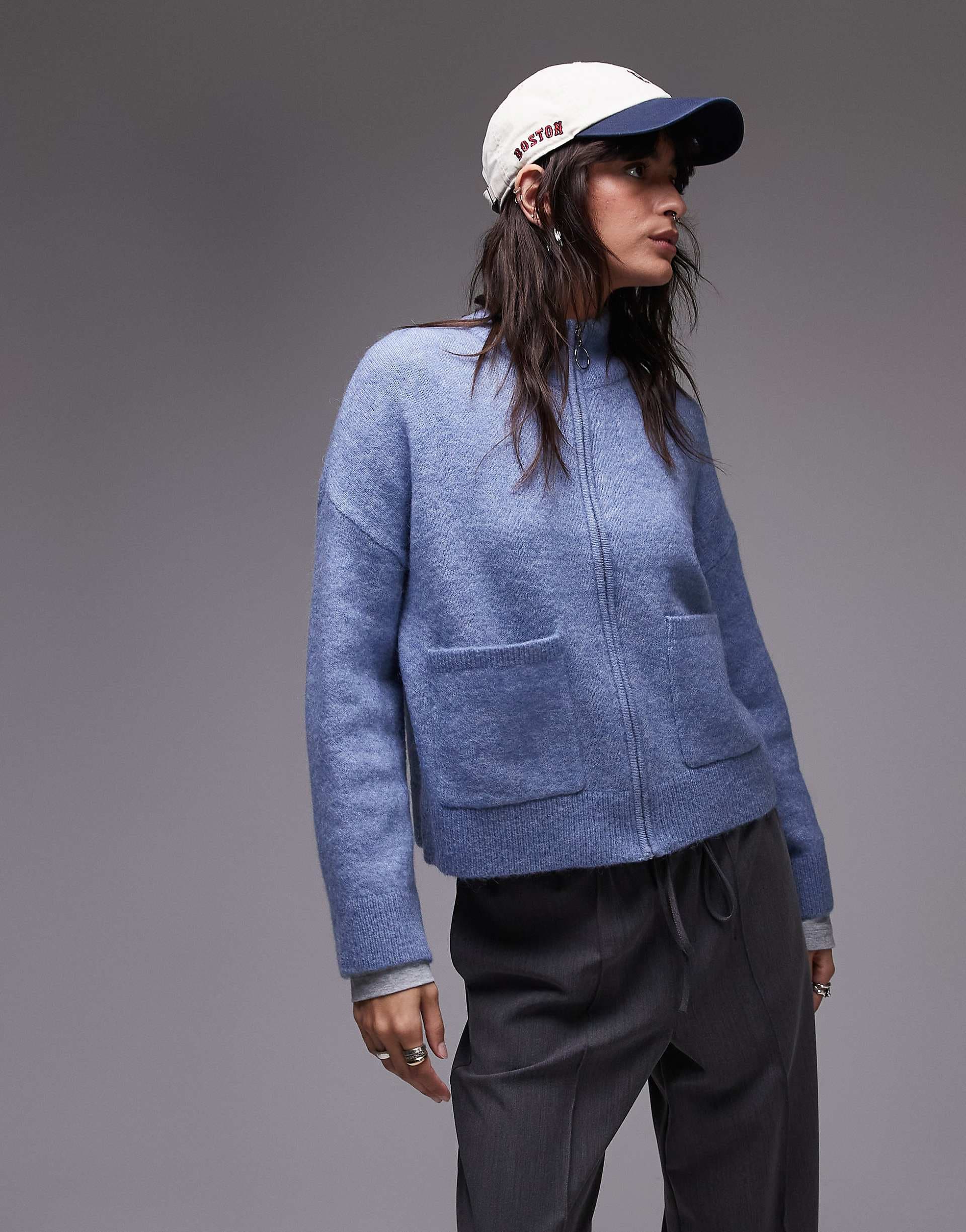 Selected zip up alpaca blend fluffy cardigan with pockets in blue