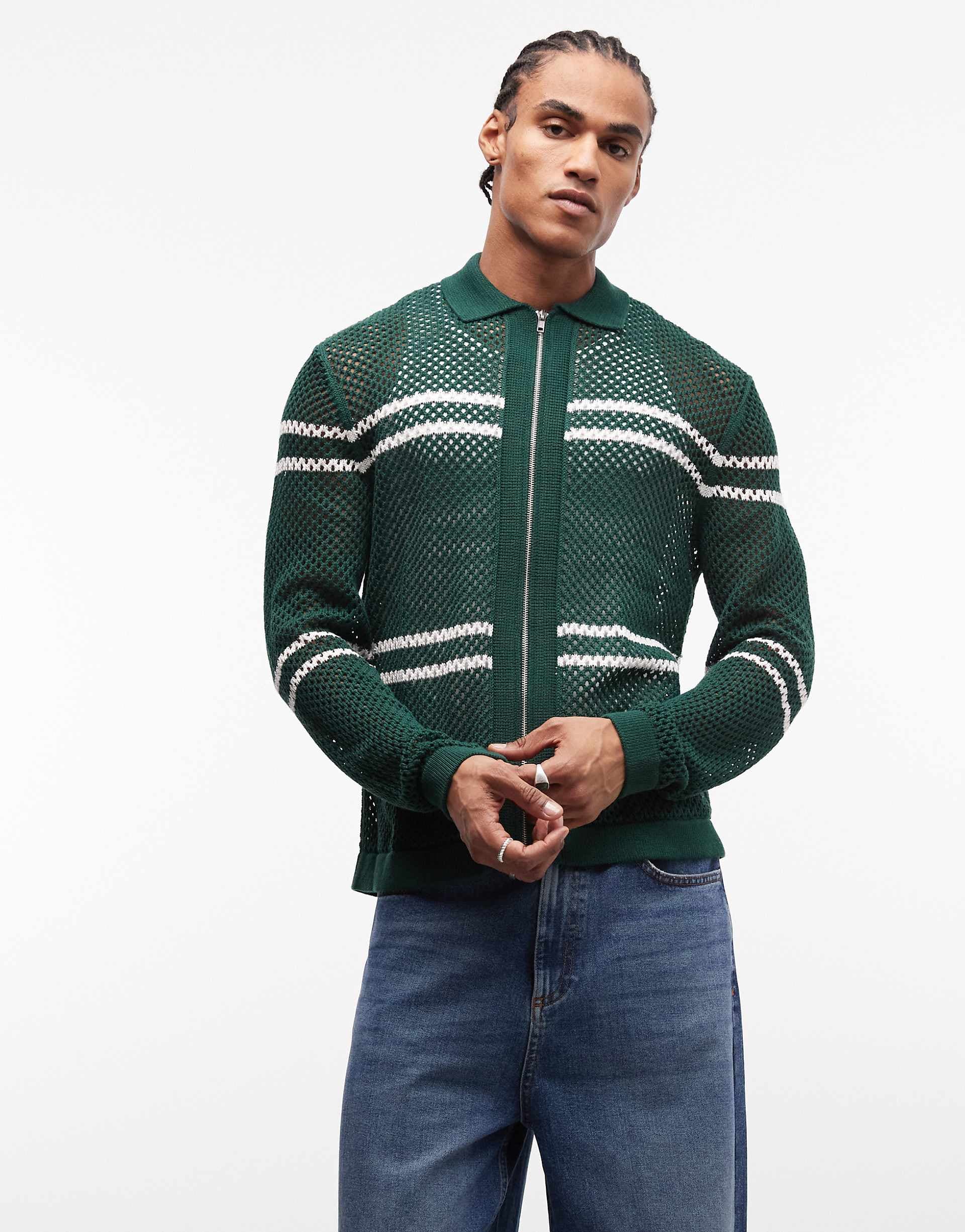 ASOS DESIGN relaxed knit airtex zip up striped cardigan in dark green
