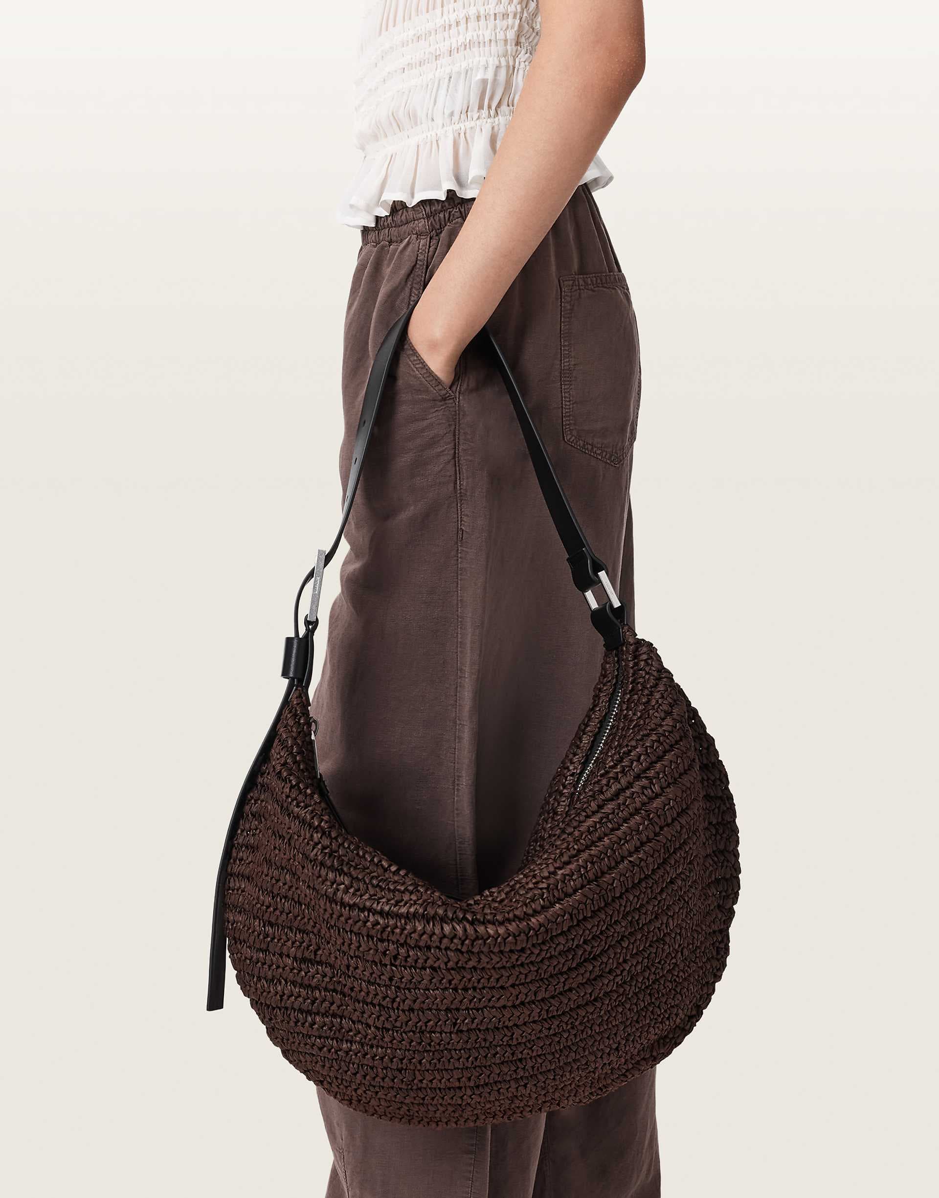 AllSaints Luna woven raffia shoulder bag in brown