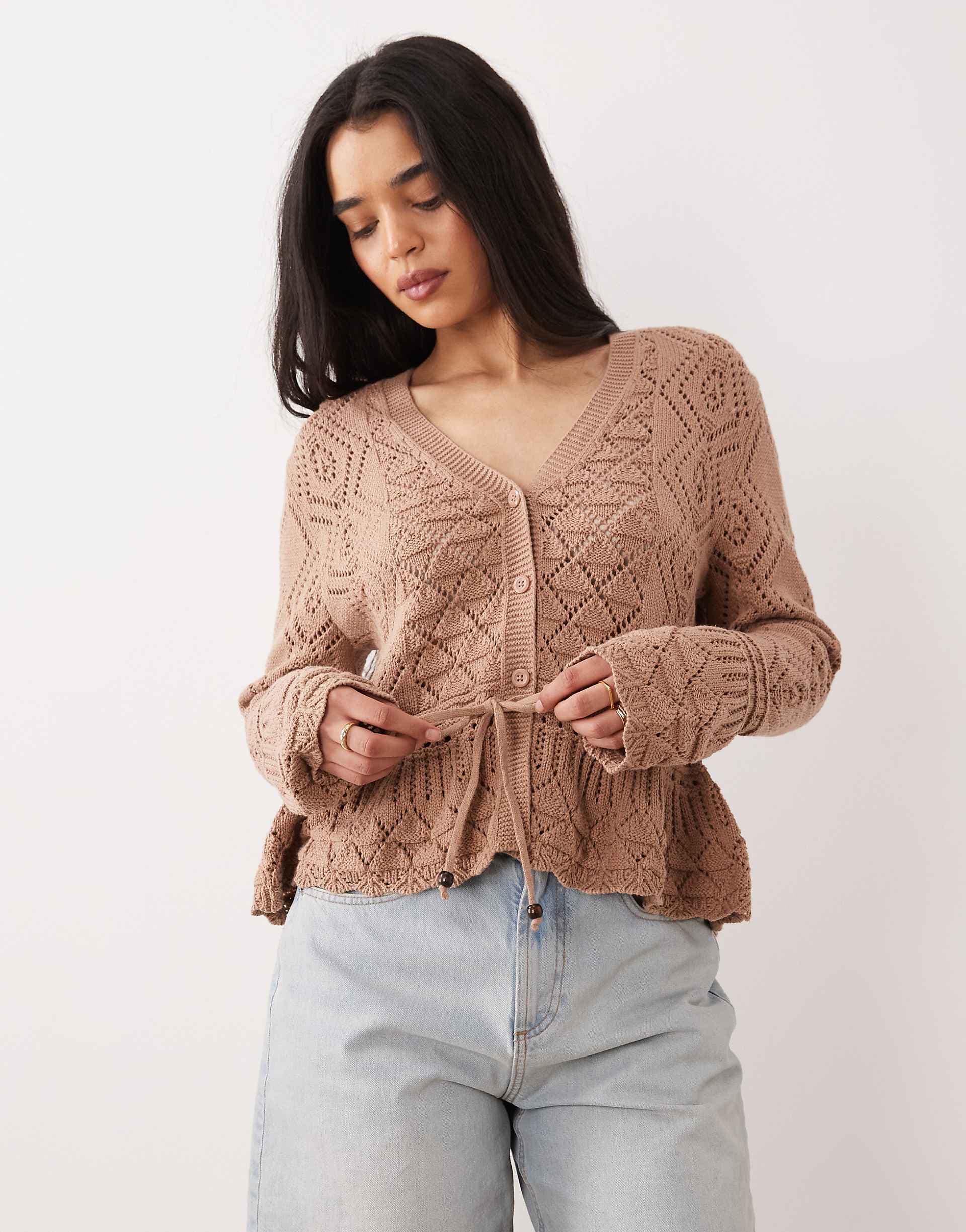 Miss Selfridge mixed crochet v-neck peplum hem cardigan in camel