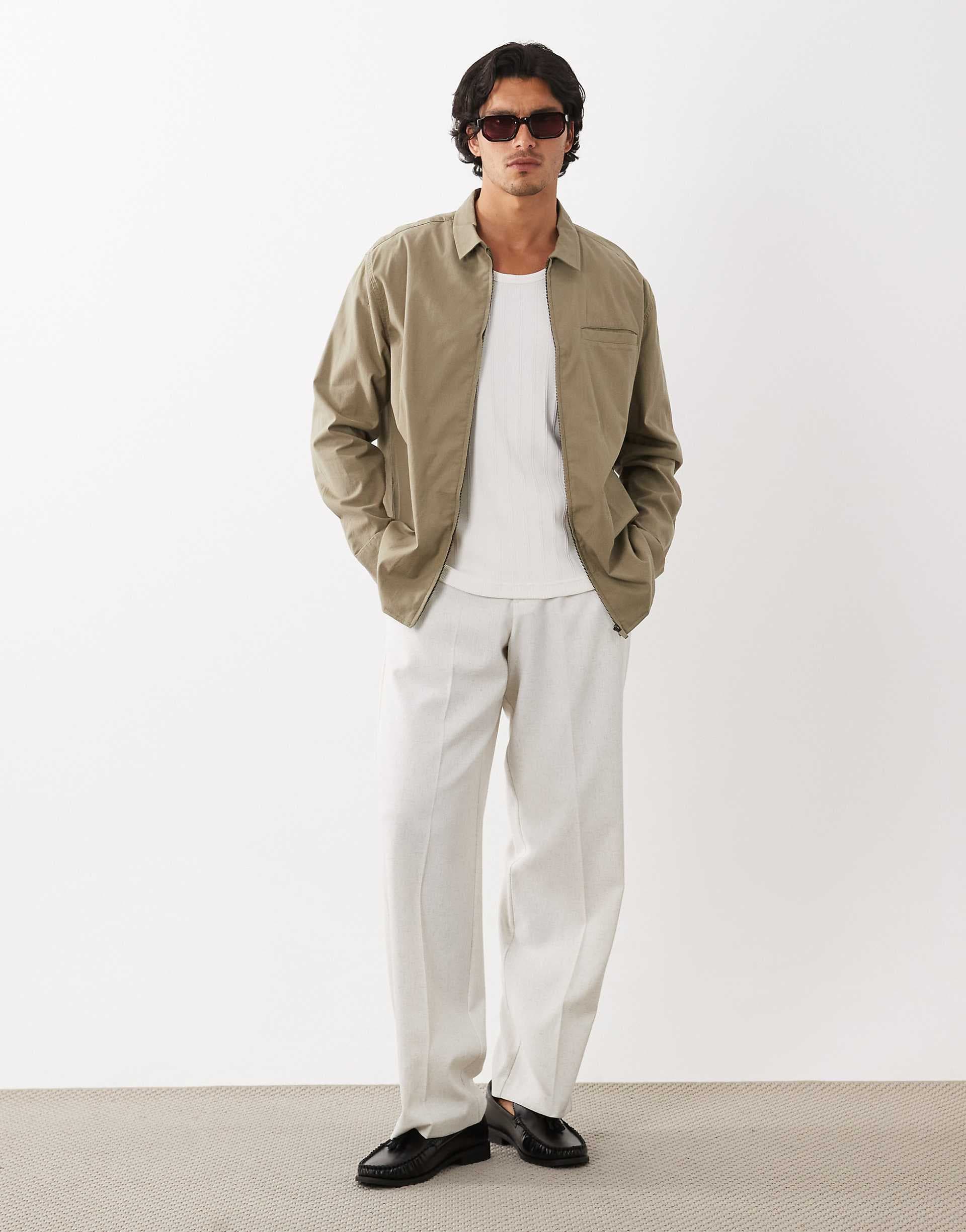 ASOS DESIGN relaxed zip up ribbed texture shirt in khaki