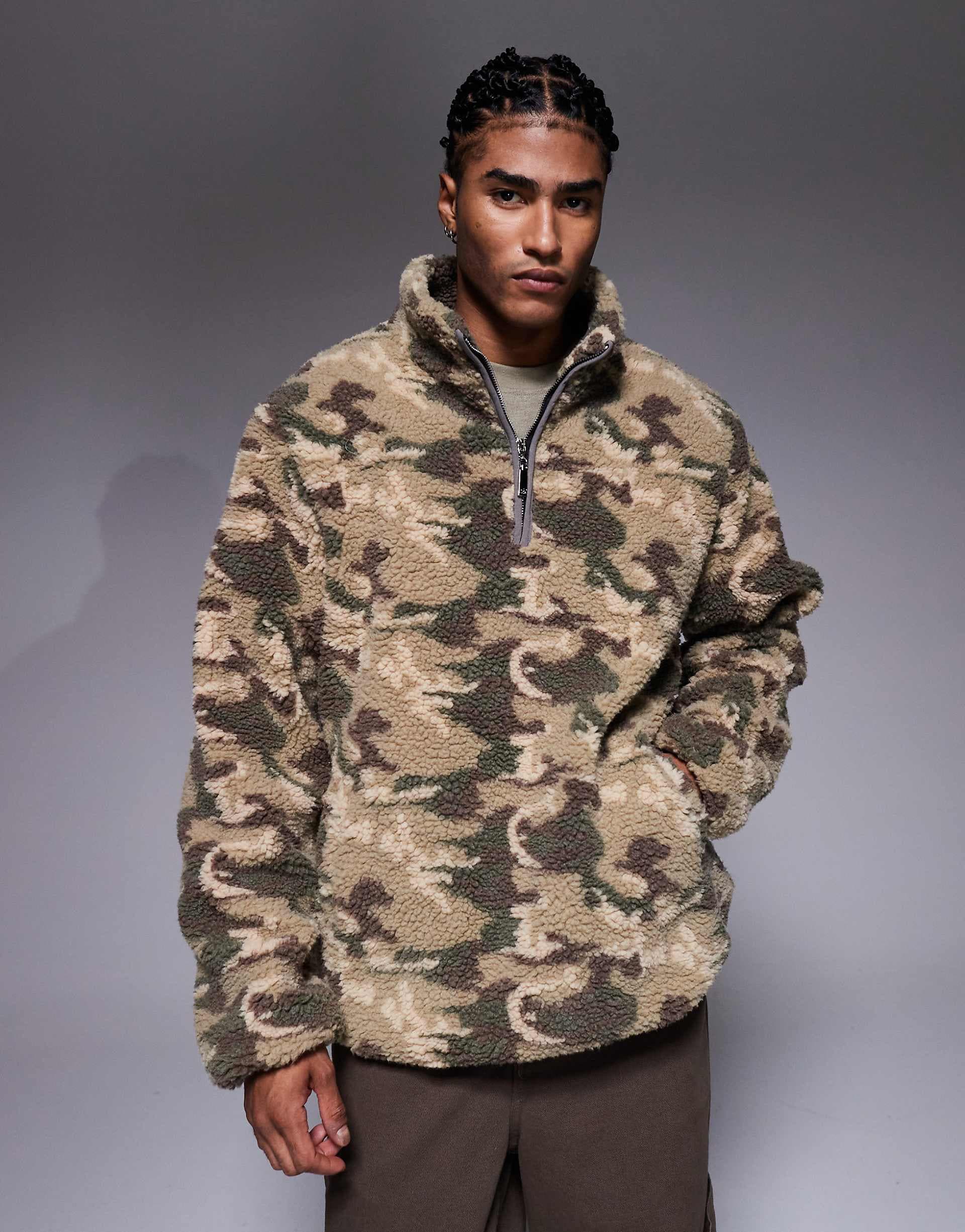 Liquor N Poker oversized 1/4 neck length borg sweater in camo