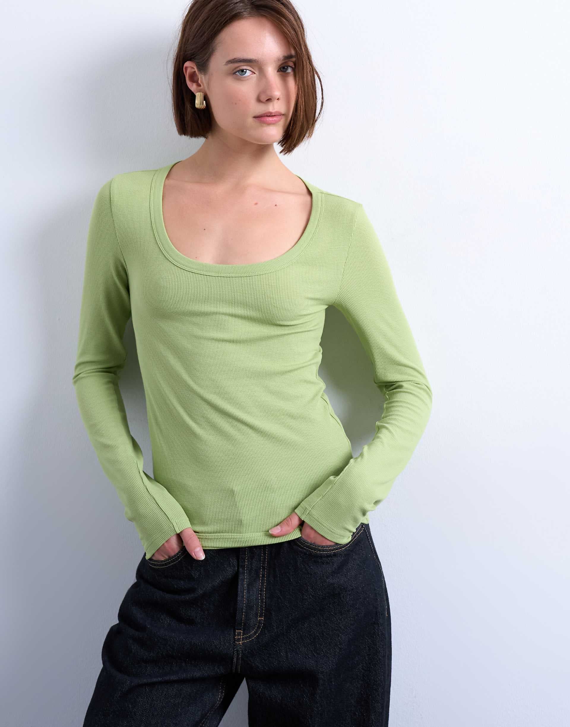 Topshop premium ribbed long sleeve wide scoop neck top in green