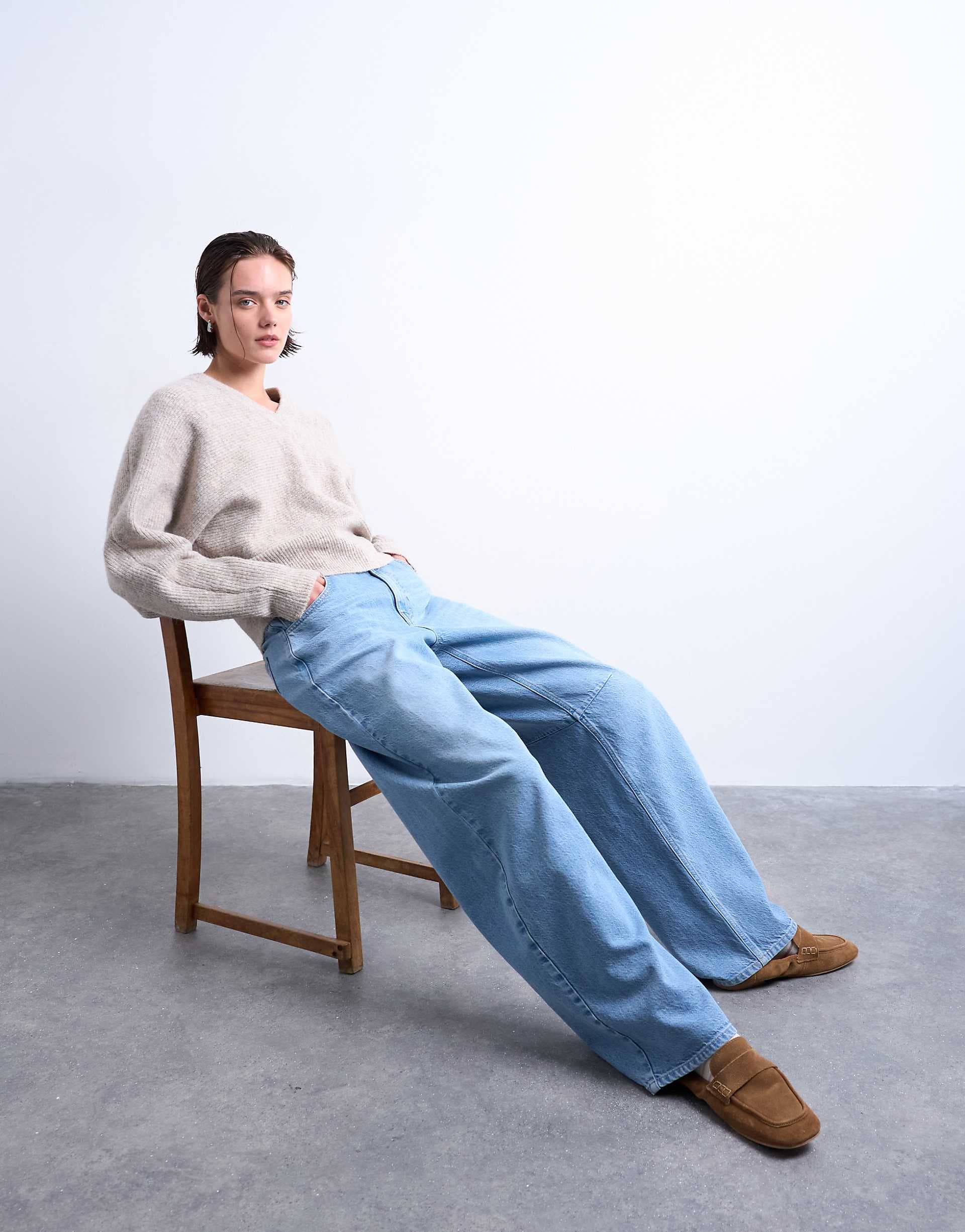 Topshop knit high v neck horizontal stitch sweater in oat