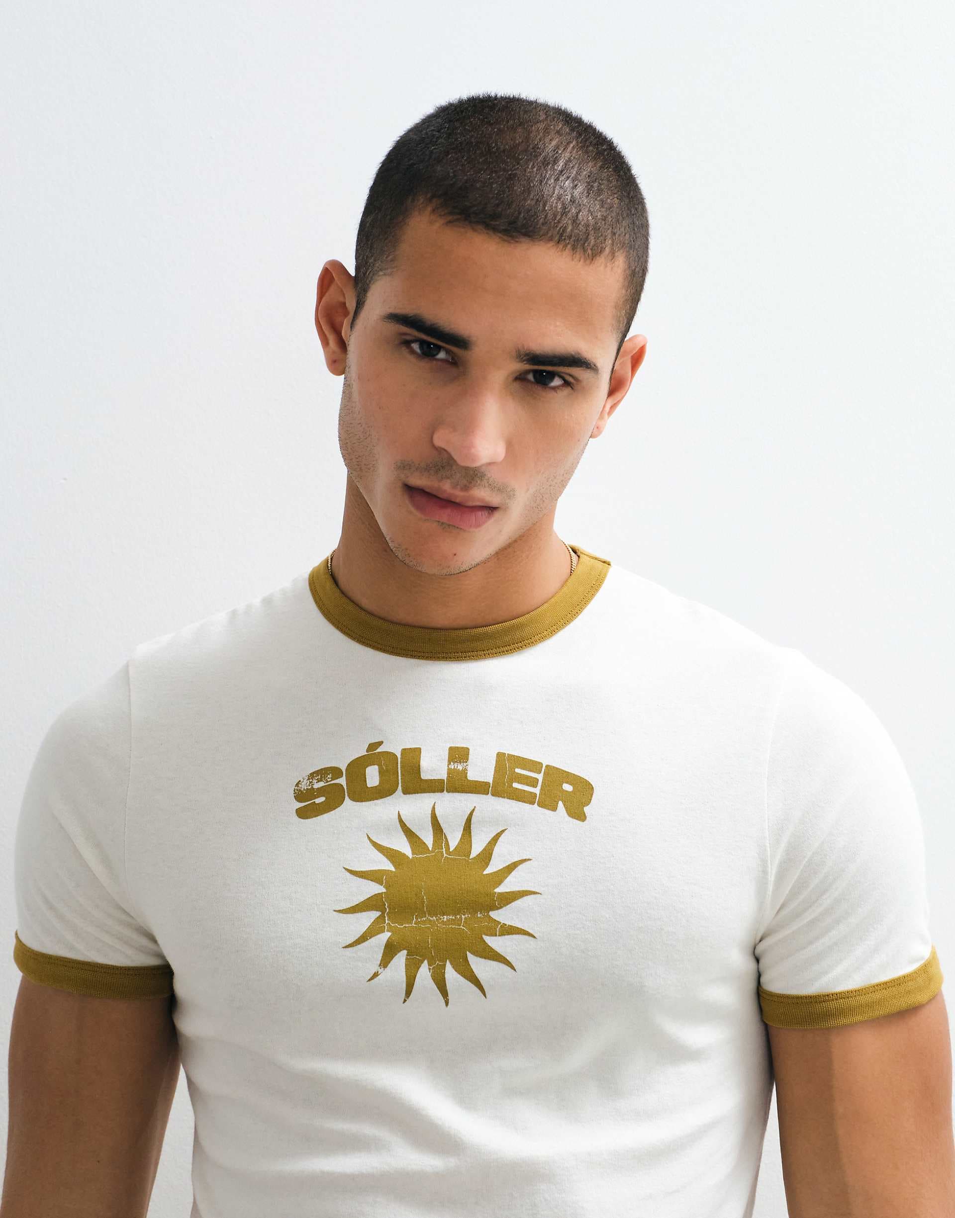 ASOS DESIGN slim ringer T-shirt with solar graphic in cream