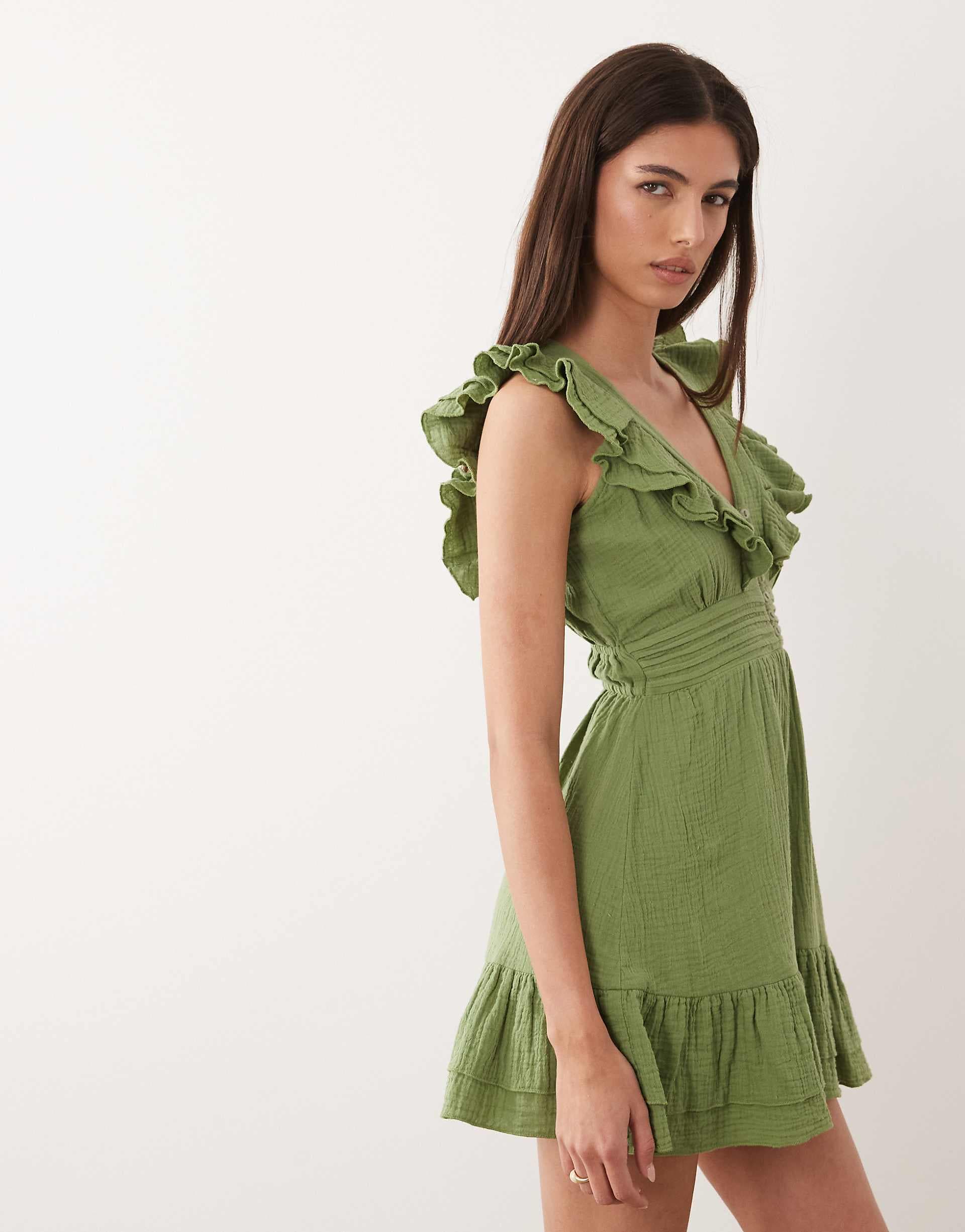Wednesday's Girl ruffle edged mini dress in green