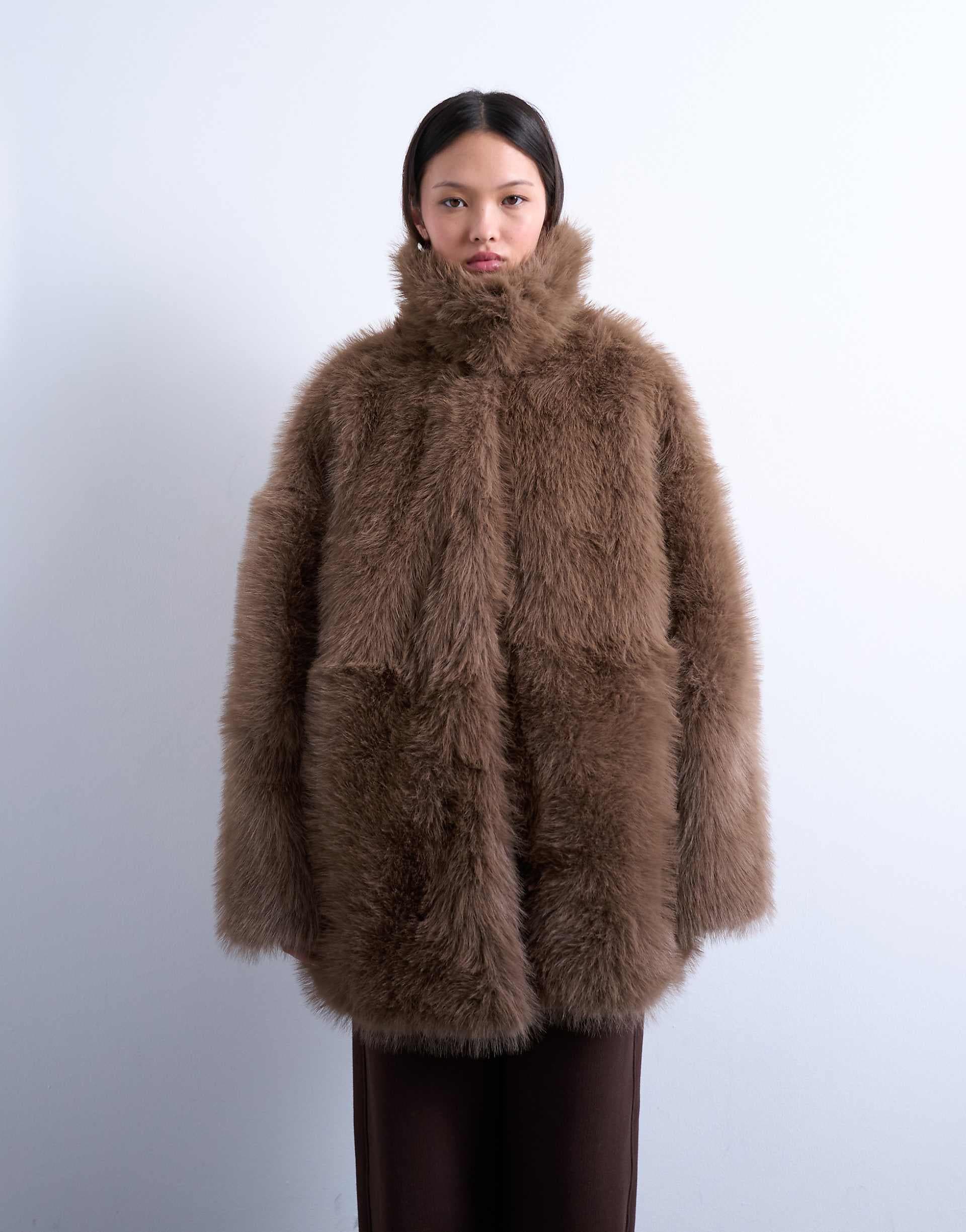 Topshop faux fur funnel neck mid-length coat in mink
