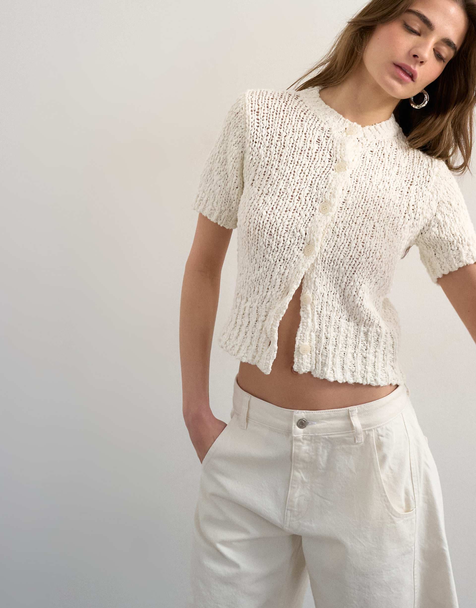 Topshop textured knit short sleeve cardigan in ivory