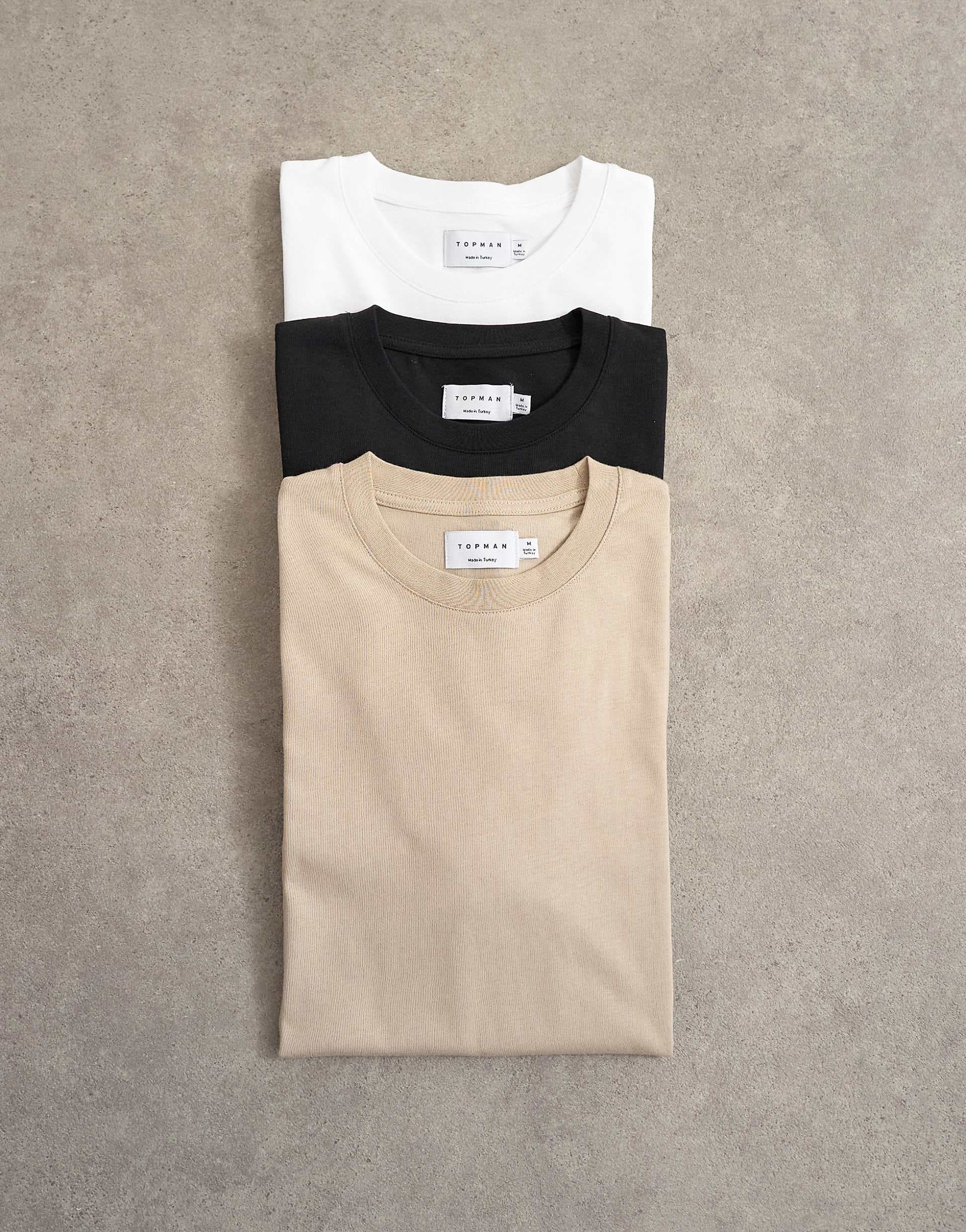Topman 3 pack relaxed fit t-shirts in white, chocolate and stone