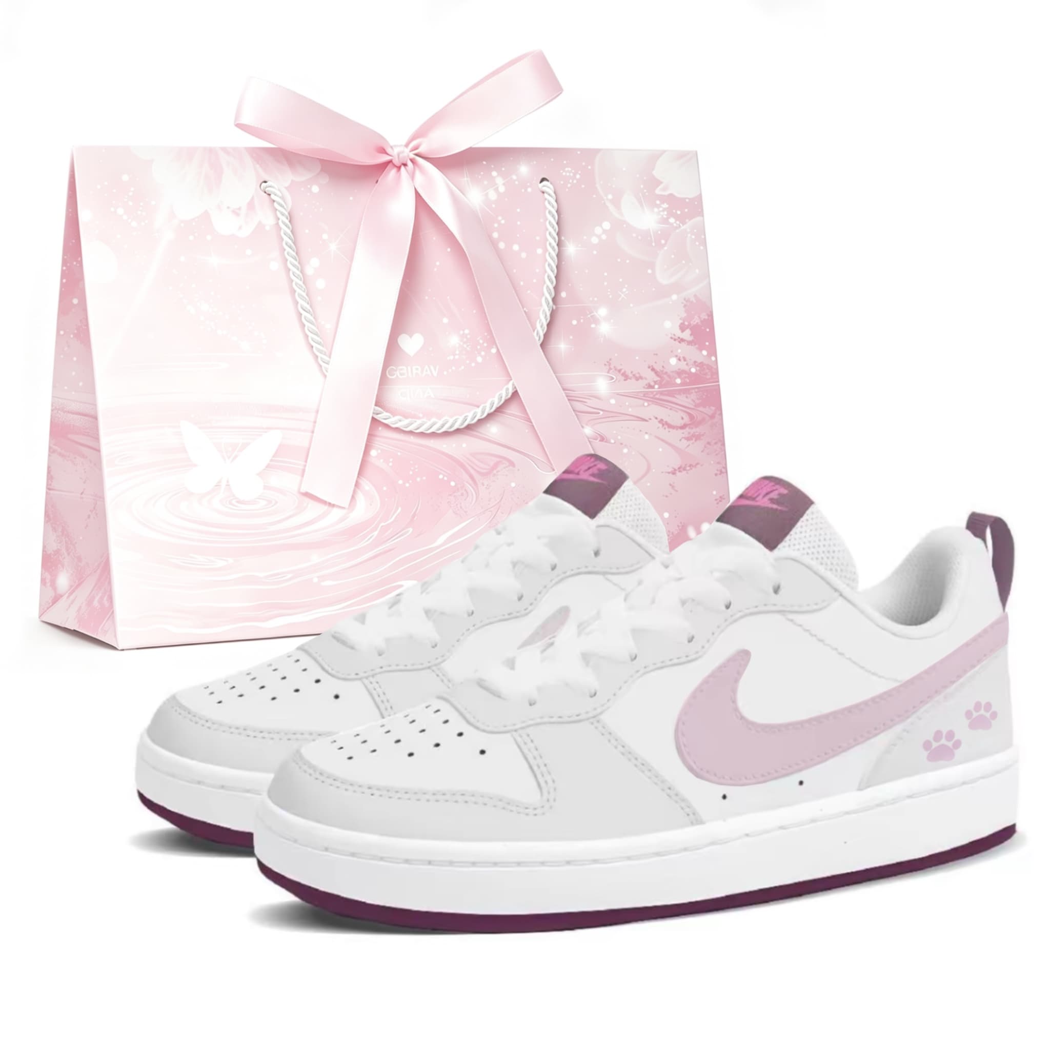 Custom SneakersNike Court Borough Retro Paw Print Leather Fresh Simple Versatile Cute Sweet Fashion Trendy Couple Campus GS Anti-Slip Wear-Resistant Low-Top Skate Shoes Unisex Smoke Pink